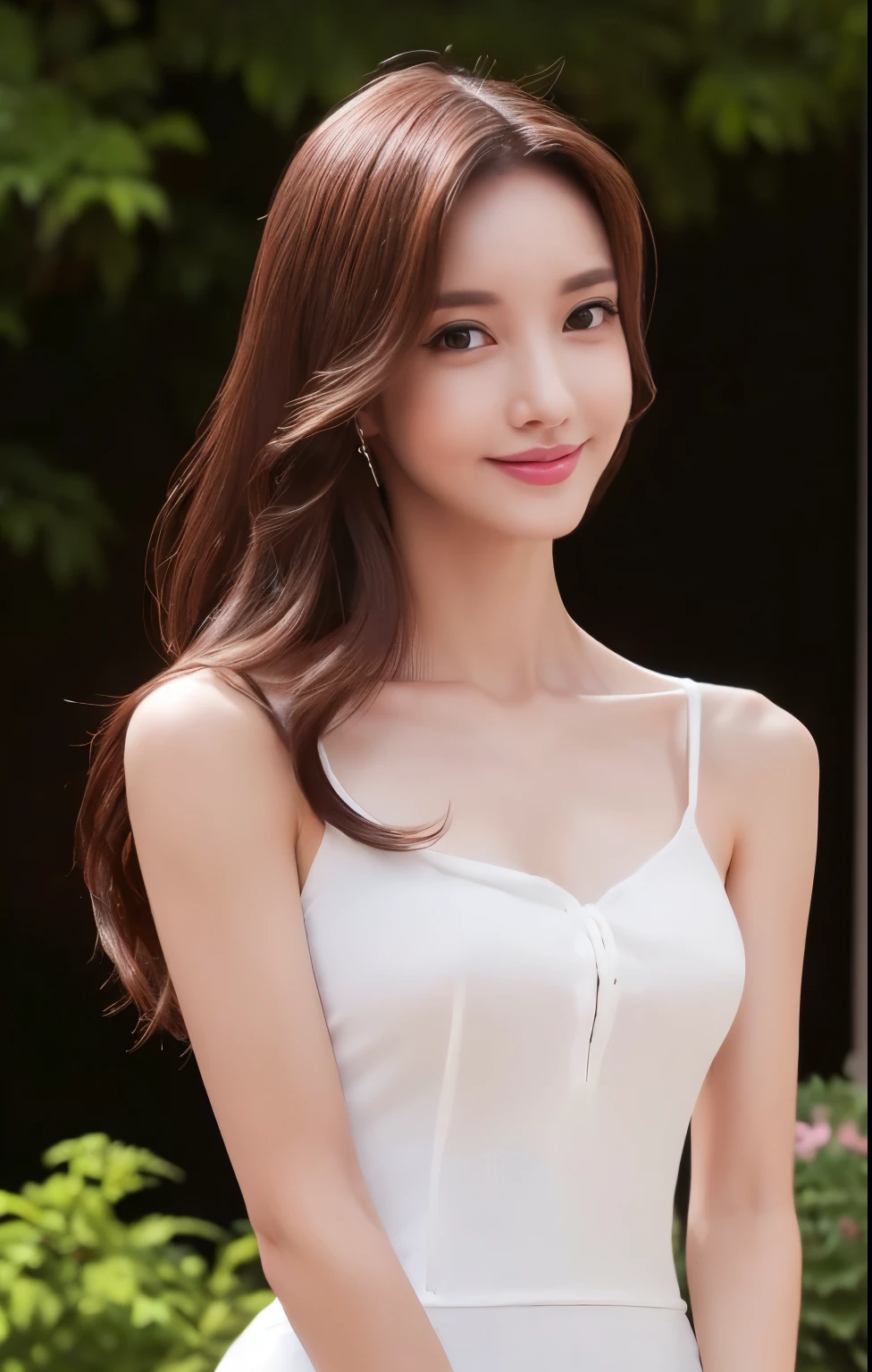 table top、(highest quality、4k、8k、High resolution、master piece: 1.2)、Super detailed、super slender (real、photorealistic、photorealistic: 1.37),(( elegant White long dress)), ((hair in a ban)),Complex and beautiful eyes、woman、Feminine hairstyle、natural color lip、(( posing))、smile, standing in a Garden,Cute and sexy shot looking at the camera,