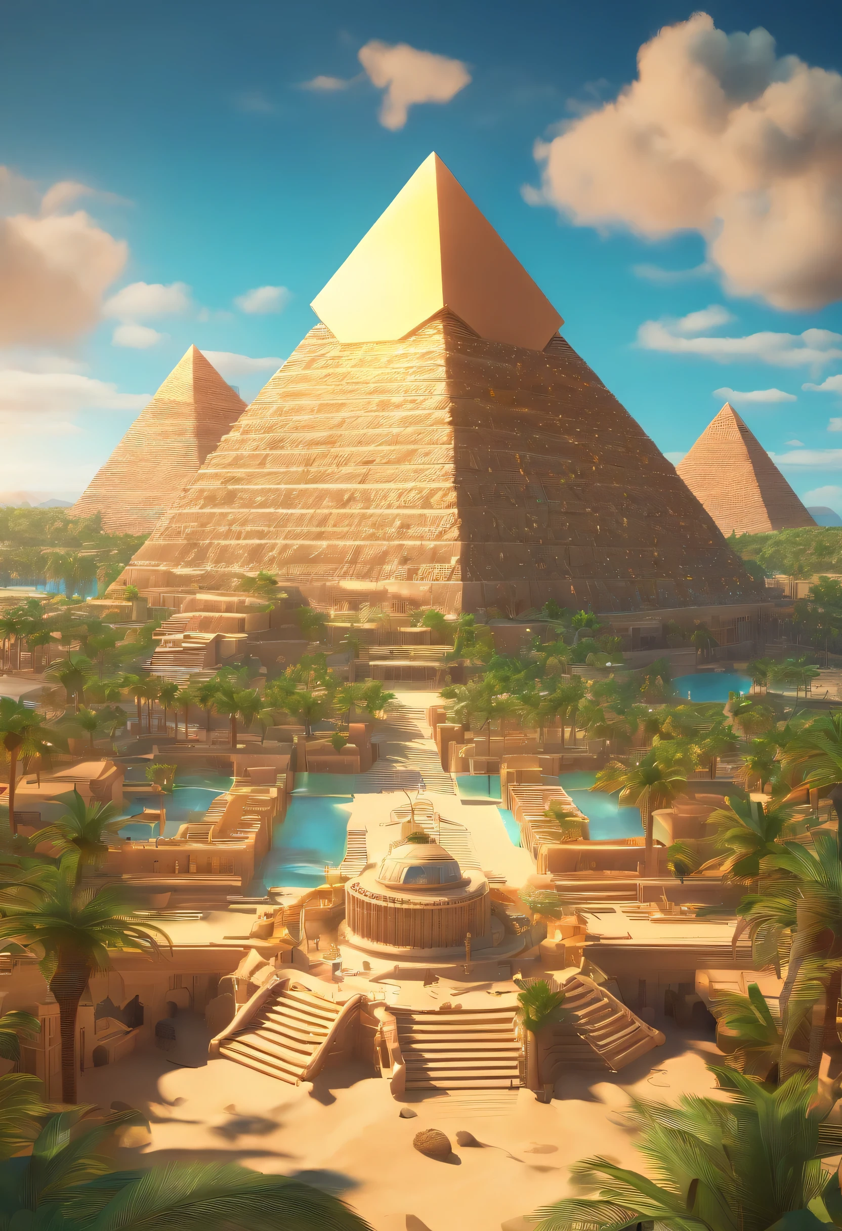 Draw me a technological city of Atlantis with pyramids that emit light from the tips