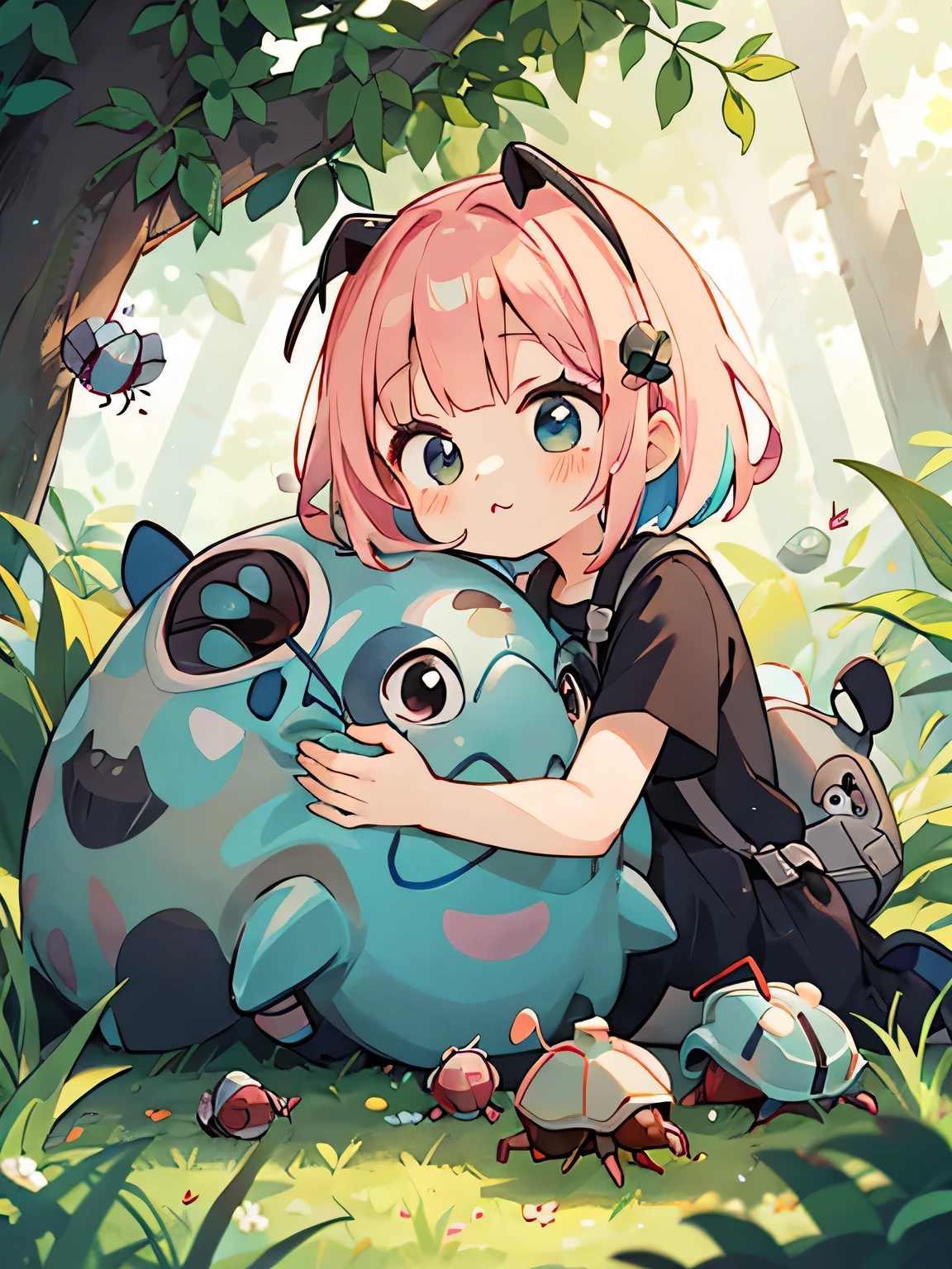Monoko Sakura style, Kawaii Design, most beautiful girl ever、Chibi, Colorful bob hair、((Lots of friends))、(((Cute pillbug)))、Totoro Forest, Hug a cute and colorful pillbug