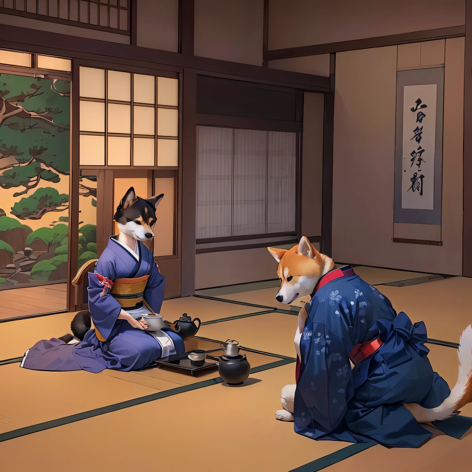 There is a Shiba Inu sitting on the floor,Holding a teapot in hand, Inspired by Hiroyuki Isoda, Tea ceremony scene, Inspired by Yushin Nishikawa, The Artistic Style of Ukiyo-e, Inspired by Toshusai Sharaku, Inspired by Tawaraya Sotatsu