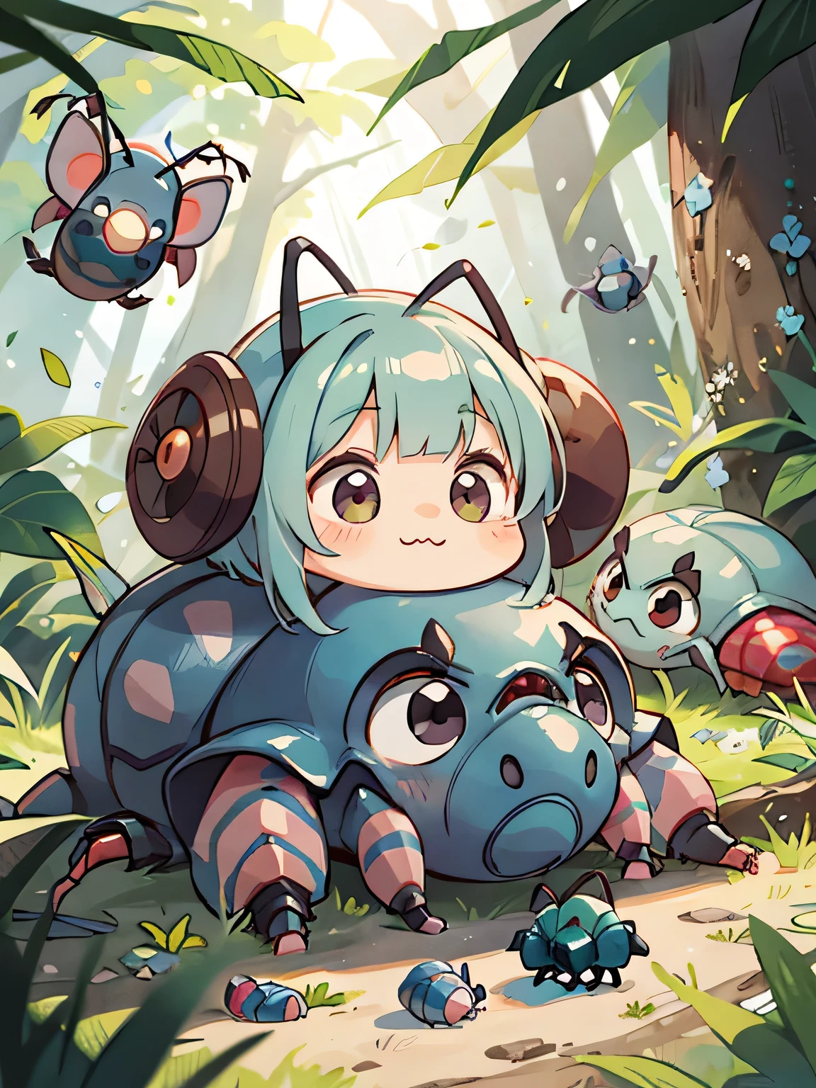 Monoko Sakura style, Kawaii Design, most beautiful girl ever、Chibi, Colorful bob hair、((Lots of friends))、(((Cute pillbug)))、Totoro Forest, Hug a cute and colorful pillbug