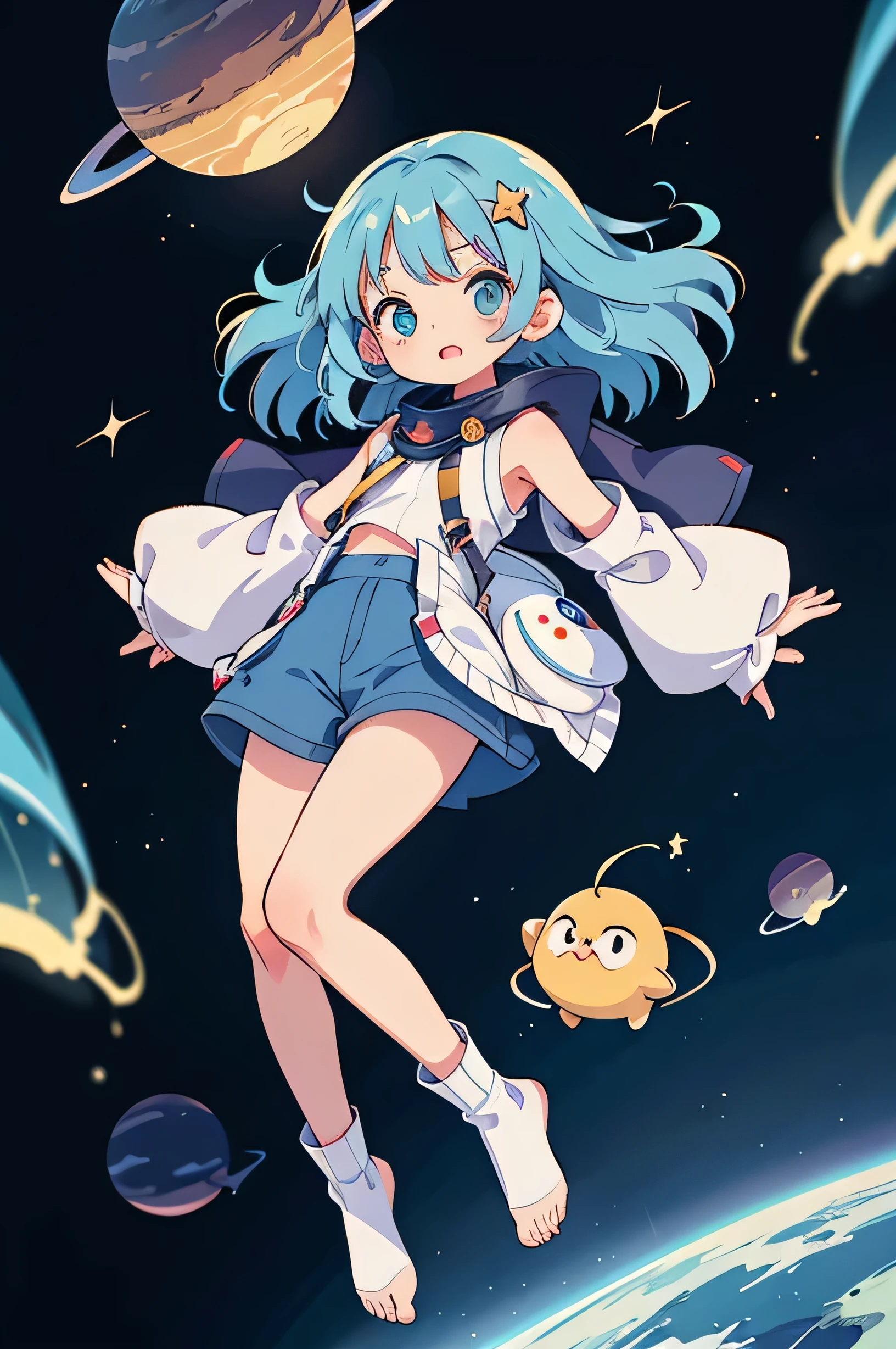 Create an anime-style image of a cute yet mature -yeld giin a chibi (deformed) style with a gravity and planetary theme, against a plain white background. She has a calm and serene expression, with long, flowing light blue hair that gently floats as if in zero gravity. Depict her lying down horizontally, with her body slightly arched, as if she's gracefully floating in space. Ensure that her entire body is visible, from head to toe. Her hands are tucked into the pockets of her shorts, adding to the relaxed and carefree atmosphere. She wears a cute, cosmic-themed outfit with star patterns and short shorts instead of a skirt. The outfit is sleeveless, emphasizing her arms and shoulders. Accessories such as small planets or stars are attached to her hair and outfit. Focus on the character's details, and emphasize an adorable yet mature appearance, without any surrounding objects.