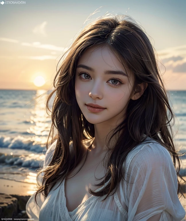 a serene landscape, a beautiful beach with a path, fluffy white clouds drifting across a blue sky, the sound of waves washing over the shore, the summer breeze carrying the scent of the season, bright sunlight casting a warm glow, a smiling girl with flowing hair, (best quality,4k,8k,highres,masterpiece:1.2),ultra-detailed,(realistic,photorealistic,photo-realistic:1.37),detailed facial features,beautiful detailed eyes,beautiful detailed lips,extremely detailed eyes and face,longeyelashes,serene,tranquil,peaceful,idyllic,warm colors,golden hour lighting,cinematic,dreamlike,nostalgia,landscape,natural lighting