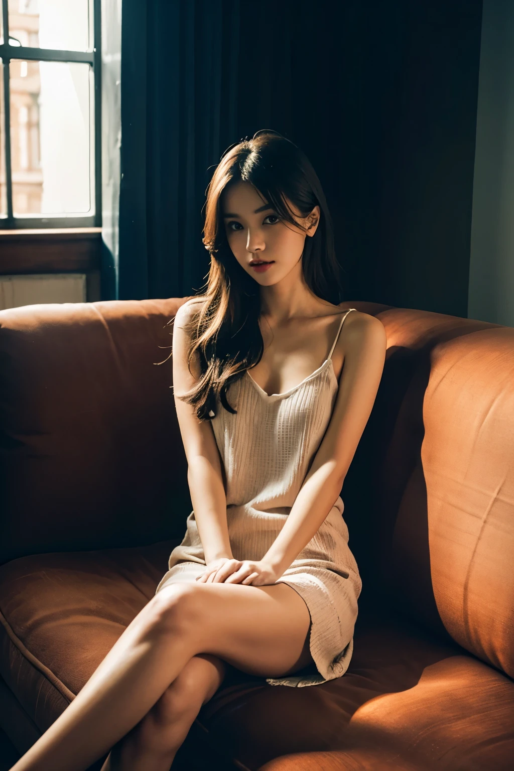 1girll,Sit on a comfortable sofa,Cross ed leg,Soft light