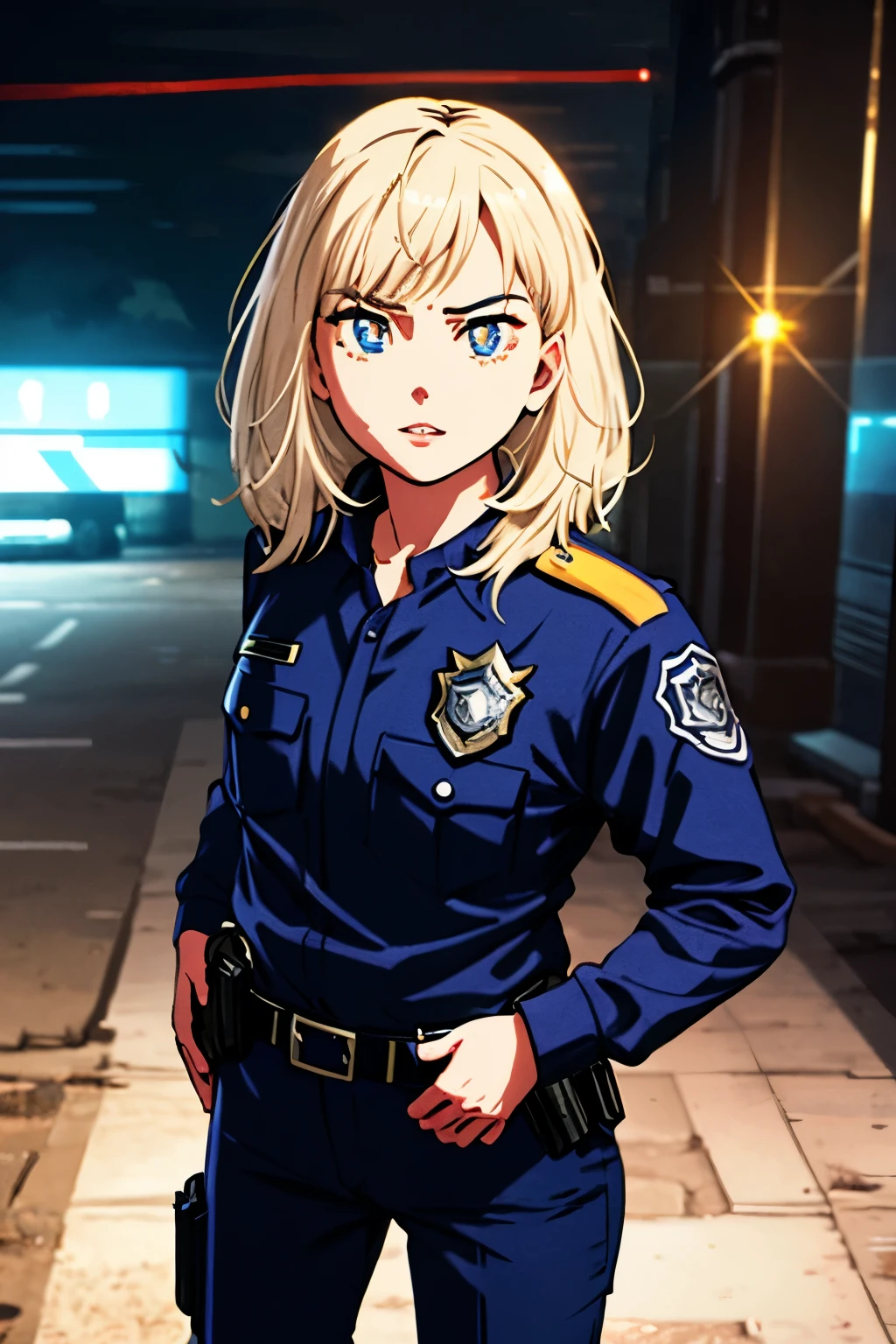 a female police officer, beautiful detailed eyes, beautiful detailed lips, extremely detailed face and features, long eyelashes, police uniform, standing pose, confident expression, photorealistic, 8K, HDR, physically-based rendering, high contrast, cinematic lighting, dramatic shadows, cool color tones, gritty, neon lights