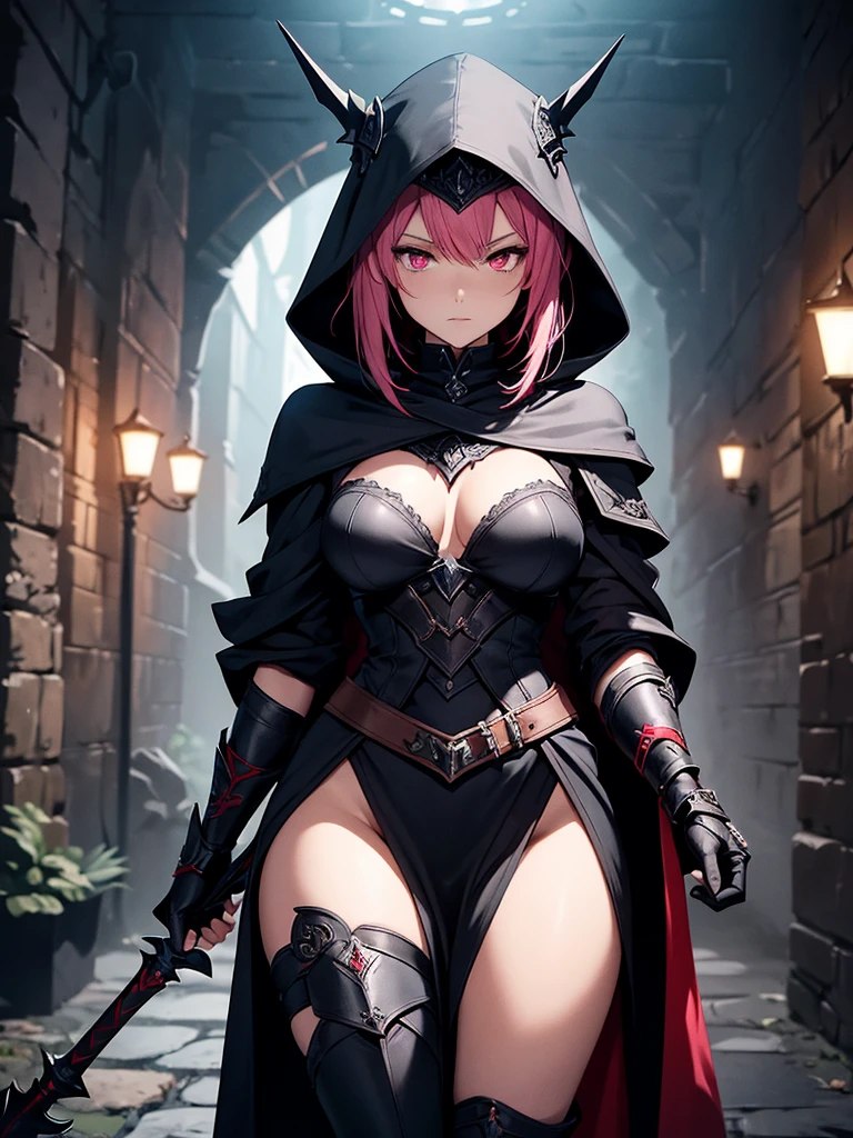 (High-resolution, high-quality), illustration of a character in a dark, medieval fantasy setting. The character is a thief named Berna, depicted in her night assassin state. She has short pink hair and red eyes. She is around 150 cm tall, giving her a  appearance. She wears a dark blue cloak with intricate designs and a black hood covering her head. Her outfit is highly revealing, featuring armor-like pieces that cover her arms and legs, and minimal clothing that accentuates her figure. She is holding a glowing red dagger in one hand. The background is a dimly lit dungeon or underground hideout with stone walls and barrels, illuminated by torchlight. The atmosphere is mysterious and dark, highlighting the character's stealthy and dangerous nature. nsfw
