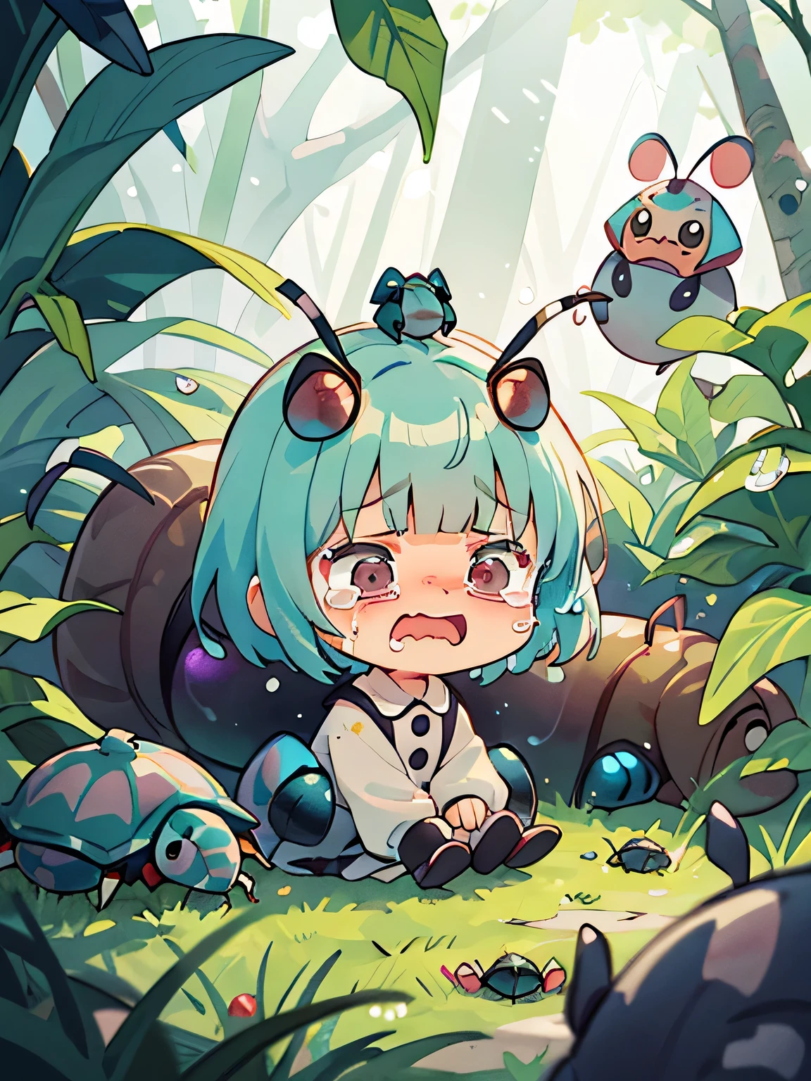 Monoko Sakura style, Kawaii Design, most beautiful girl ever、Chibi, Colorful bob hair、((Lots of friends))、(((Cute pillbug)))、Totoro Forest, (((A cute and colorful pillbug is crying)))、(((tears)))