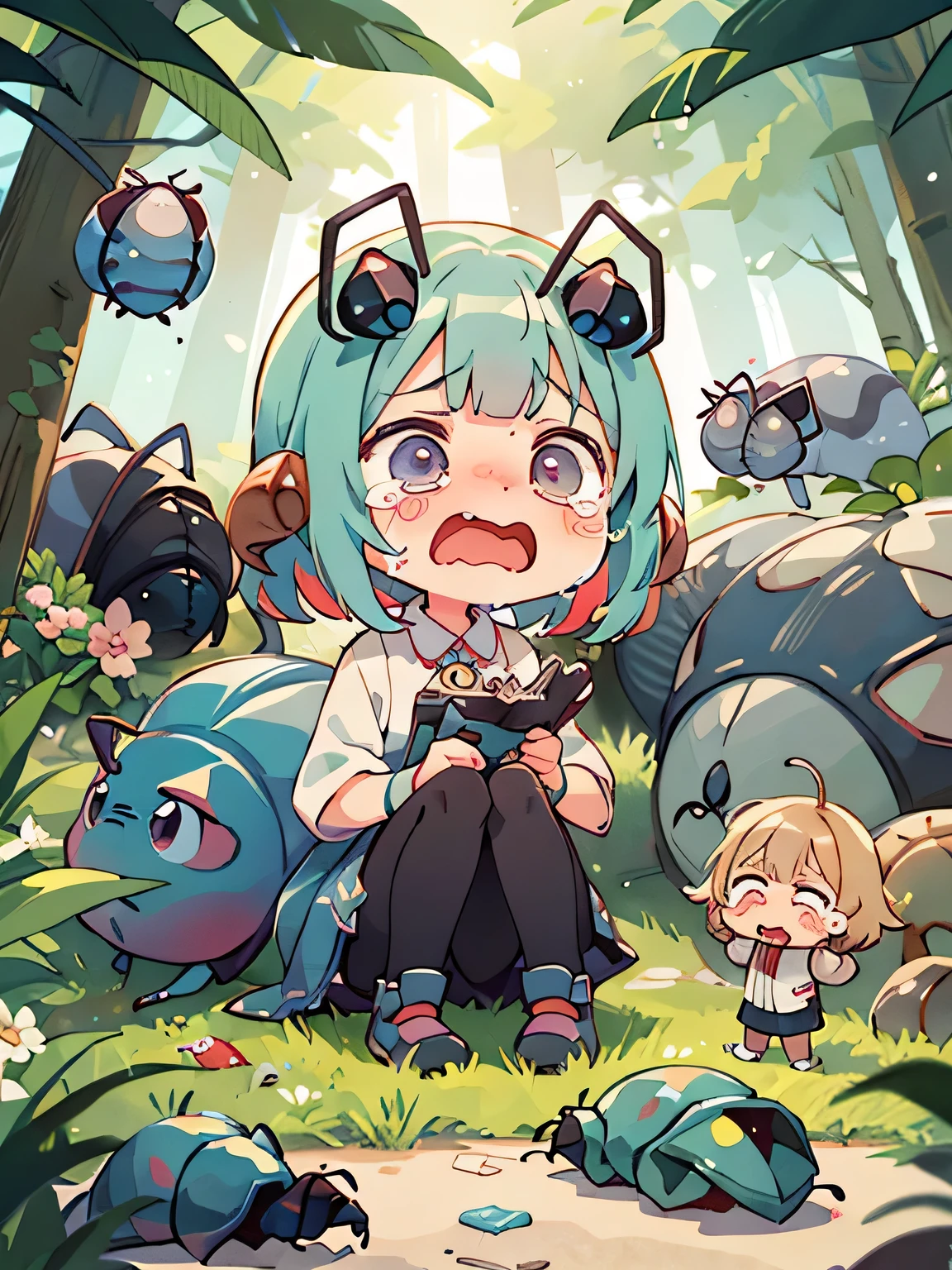 Monoko Sakura style, Kawaii Design, most beautiful girl ever、Chibi, Colorful bob hair、((Lots of friends))、(((Cute pillbug)))、Totoro Forest, (((A cute and colorful pillbug is crying)))、(((tears)))