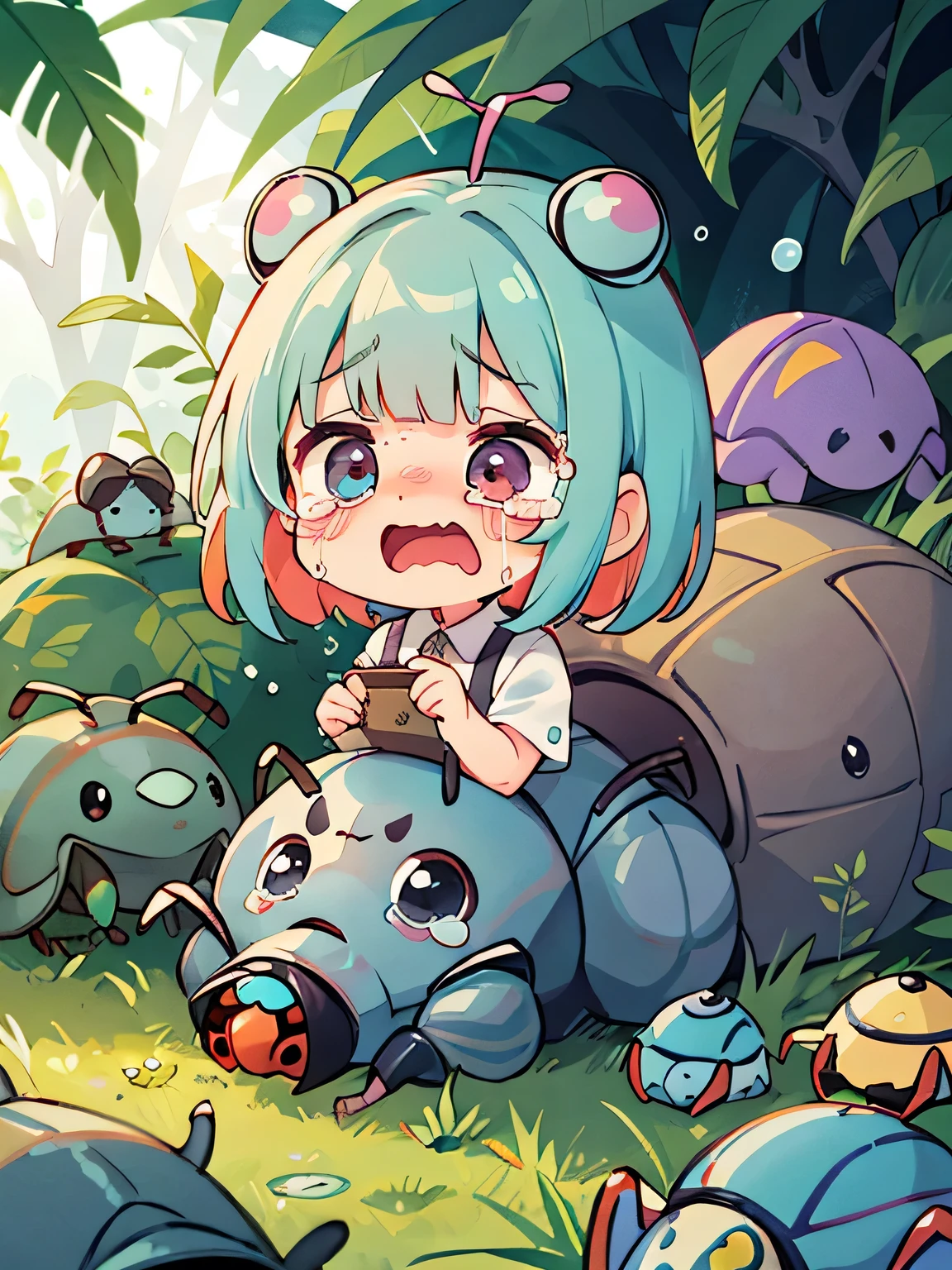 Monoko Sakura style, Kawaii Design, most beautiful girl ever、Chibi, Colorful bob hair、((Lots of friends))、(((Cute pillbug)))、Totoro Forest, (((A cute and colorful pillbug is crying)))、(((tears)))