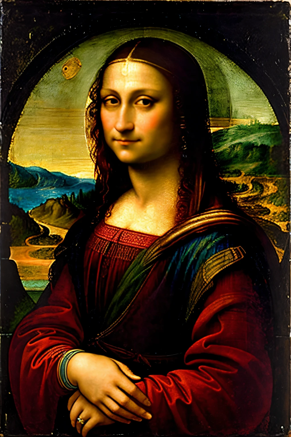 (Masterpiece) A stunningly meticulous portrait of a thoughtful, musingly melancholic Leonardo da Vinci, adorned in a time-worn robe, painted with an earnest and soulful realism, set against a muted, artist's studio backdrop. The painting itself is surrounded by a halo of soft, warm light, with the focus on the artist's contemplative face. The overall composition is reminiscent of a tranquil twilight, capturing the essence of the maestro's genius and introspective nature. This painting is a testament to the mastery of the artist who breathed life into the canvas, leaving us pondering,