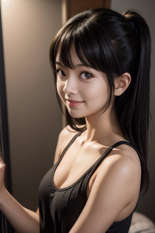 seductive smile, masterpiece, mieruko, miko yotsuya, young girl, wearing black tanktop, armpits, armpits visible,