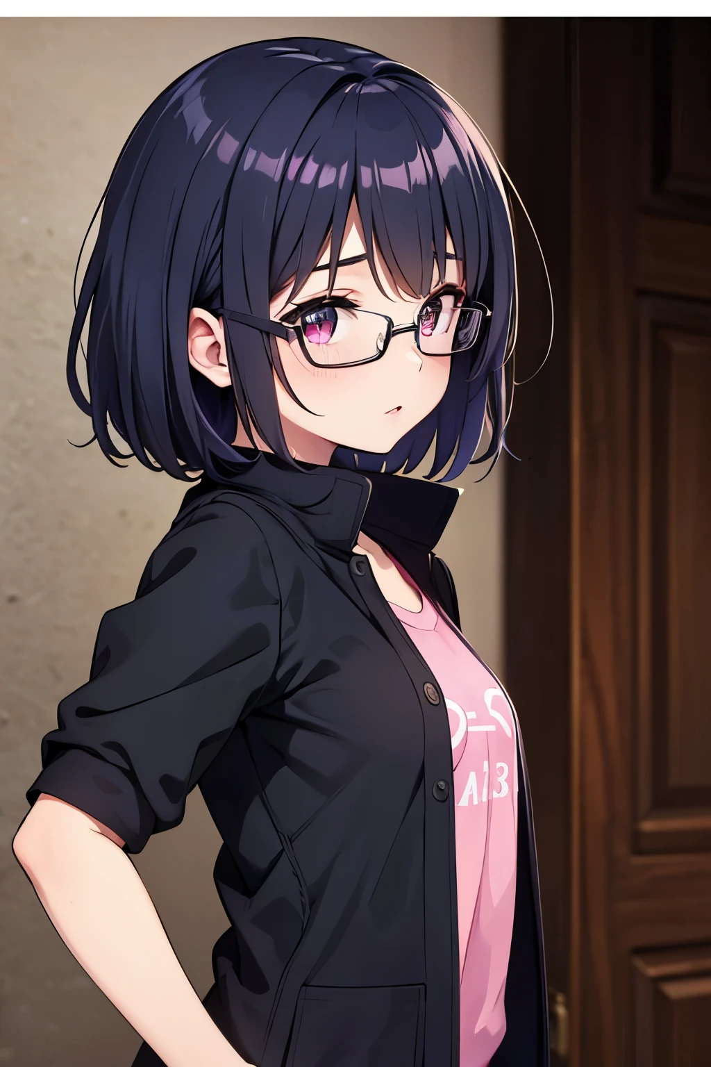This detailed CG illustration at 8k resolution is of the highest quality and offers ultra-detailed detail. tetas con una altura de 2 y 1.00 centimeters and a thickness of 8.54 centimeters. El Messy Short Hair, personaje destaca (con su cabello azul oscuro 2.3) y (sus ojos morados y Violeta (color) y Magenta), creando un contraste llamativo. Luce unas gafas y viste un abrigo negro.