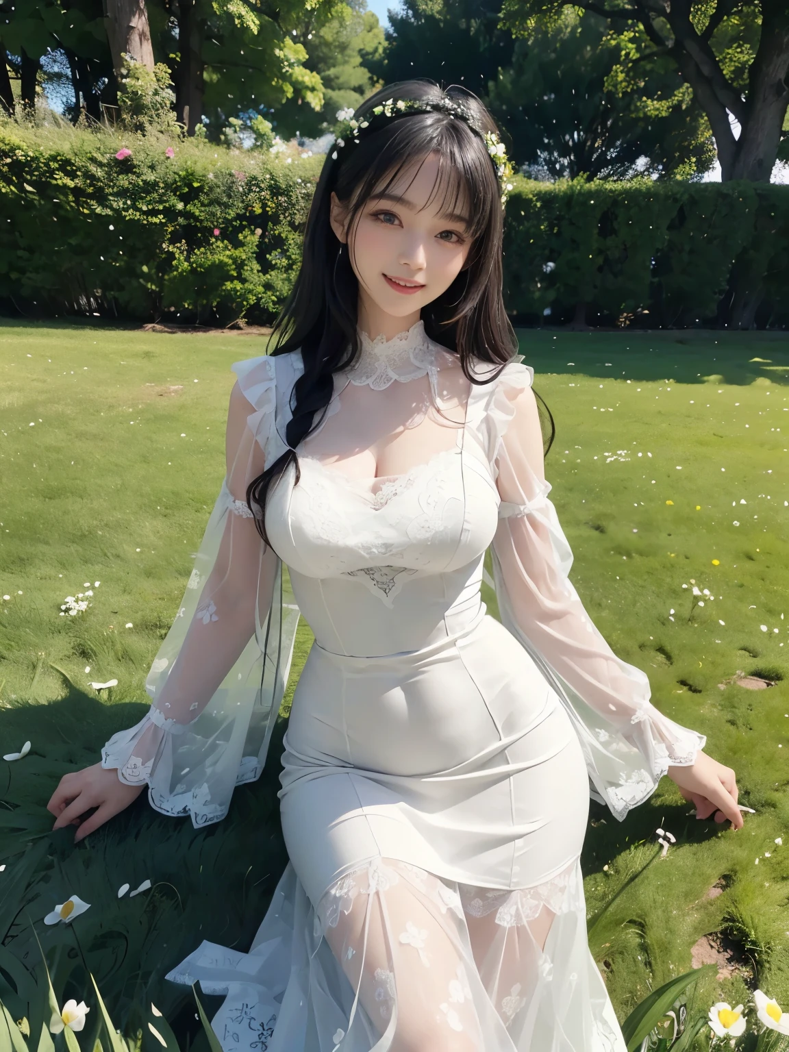 (ultra realistic), (best illustration), (increase resolution), (8K), (masterpiece), (wallpaper), solo, 1 girl, looking at viewers, black straight hair, slender body, plump breasts, pureerosfaceace_v1, happy smile, White Lace Winter Dress, meadow