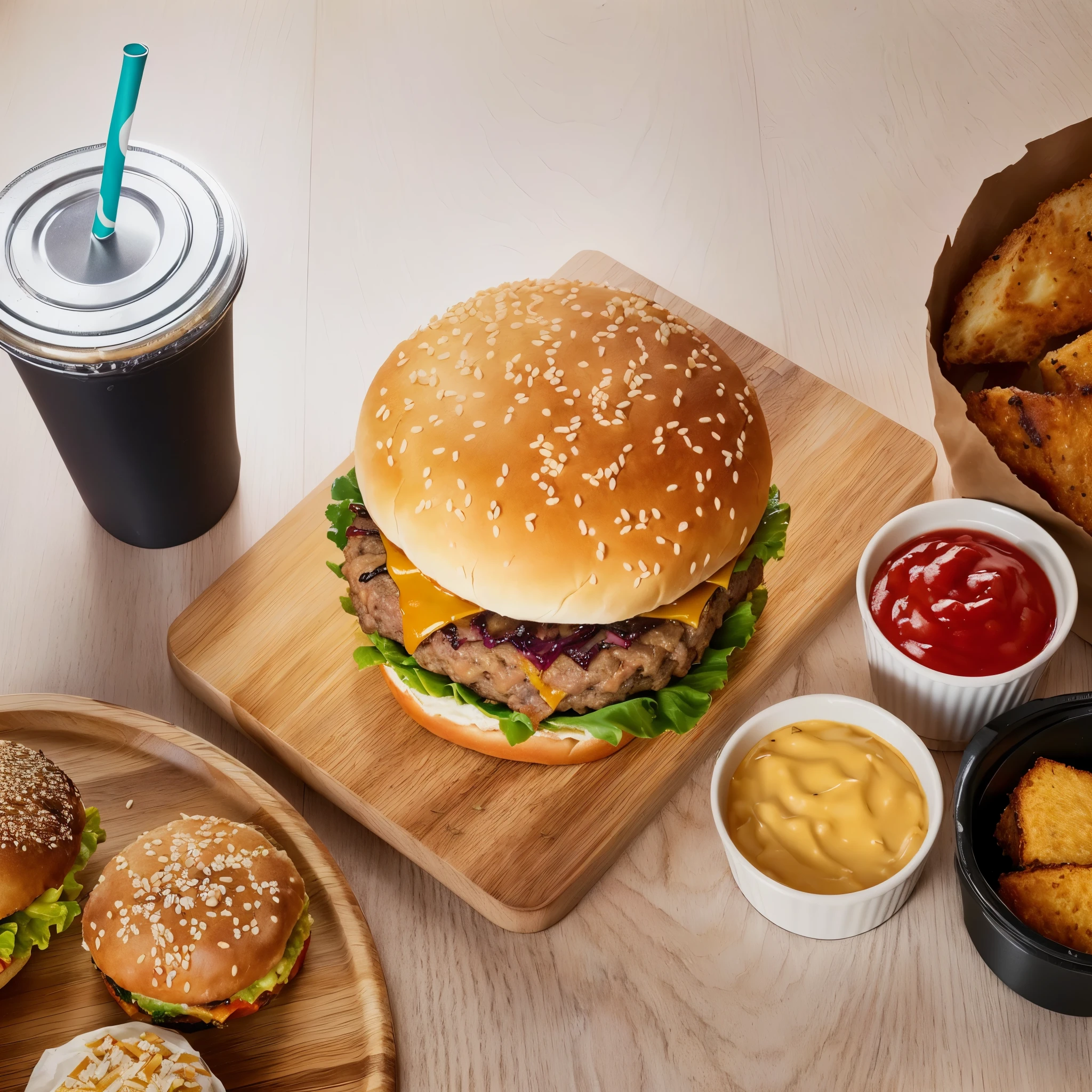 there is a hamBurger and fries on a cutting board with a drink, Fast food review, food commercial 4k, Fast food, Delicious pâté with sesame seeds, Hyperrealistic Food Photography, High-quality food photography, regal Fast food joint, Professional cooking photos, Highly detailed configuration, Burger, HD Food Photos, healthy, Advertising Photography, Mukbang, Food close-up