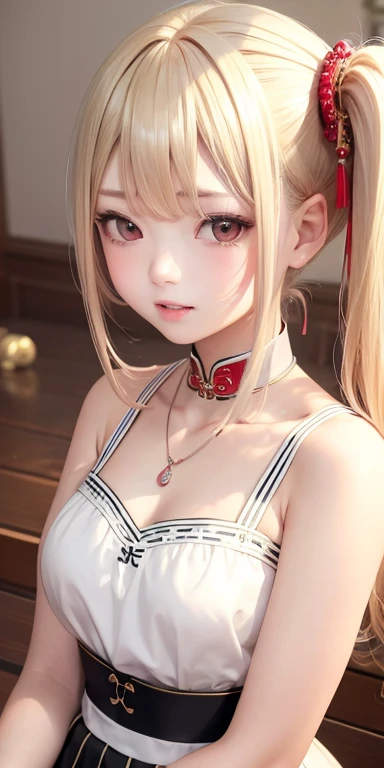 Top quality masterpiece illustrations、Blonde hair and red eyes、Wearing a necklace、Girl in cheongsam looking up、Beautiful face with hair in side ponytail at lower body angle is fair.。