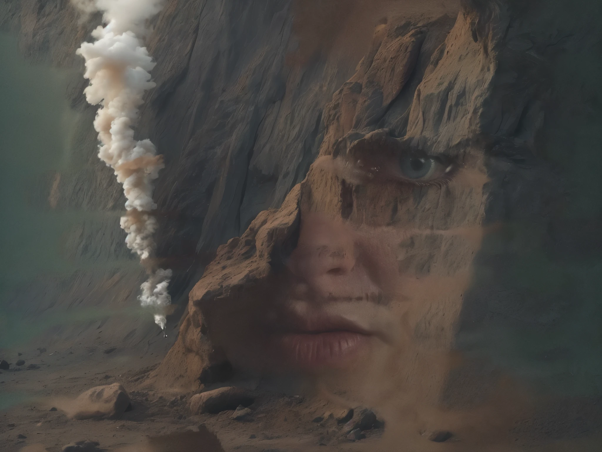 wind, smoke, water drops, dirty sand, rocks