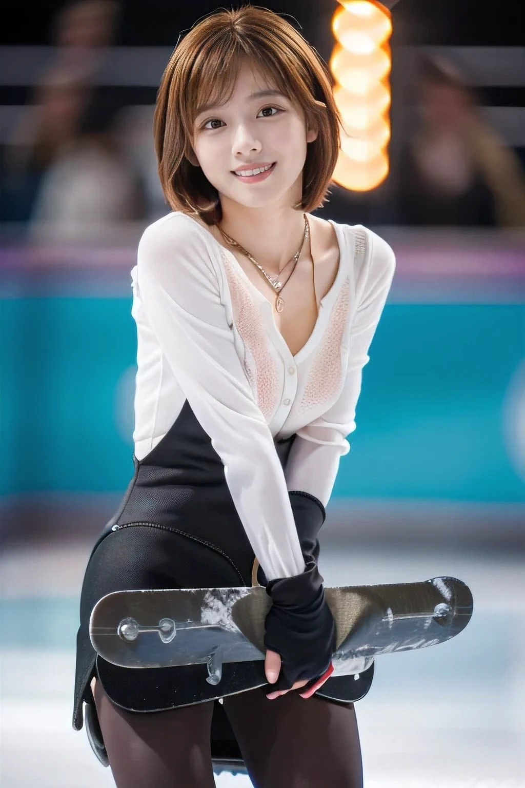 (An 18-year-old woman practicing skating on an ice rink:1.5)、(Gentle smile:1.2)、(The best quality at its best:1.4), (Super detailed), (Very detailed CG unified 16k), Beautiful woman with perfect figure: 1.4, Sharp focus: 1.2, Very detailed, High-quality RAW color photos, Professional photography, Great face and eyes, cosmetics, (Amazingly beautiful girl), ((Figure Skating Costumes:1.5)), Sexy posture，(View from below), Realistic movie faces, Full body long view from head to toe, Realistic, ((Realistic natural orange red hairstyle, Realistic blue eyes)), ( Short Bob Hair:1.5), (necklace:1.5)、, Very beautiful face, Perfect model beauty, Mouth swelling, Highly detailed face and skin texture, Fine grain, double eyelid, Medium chest, smile, (masterpiece), highest quality, High resolution, Very detailed, Blurred Background, Depth of written boundary, Cinema Lighting, Great legs, , Clear, well-maintained skin,