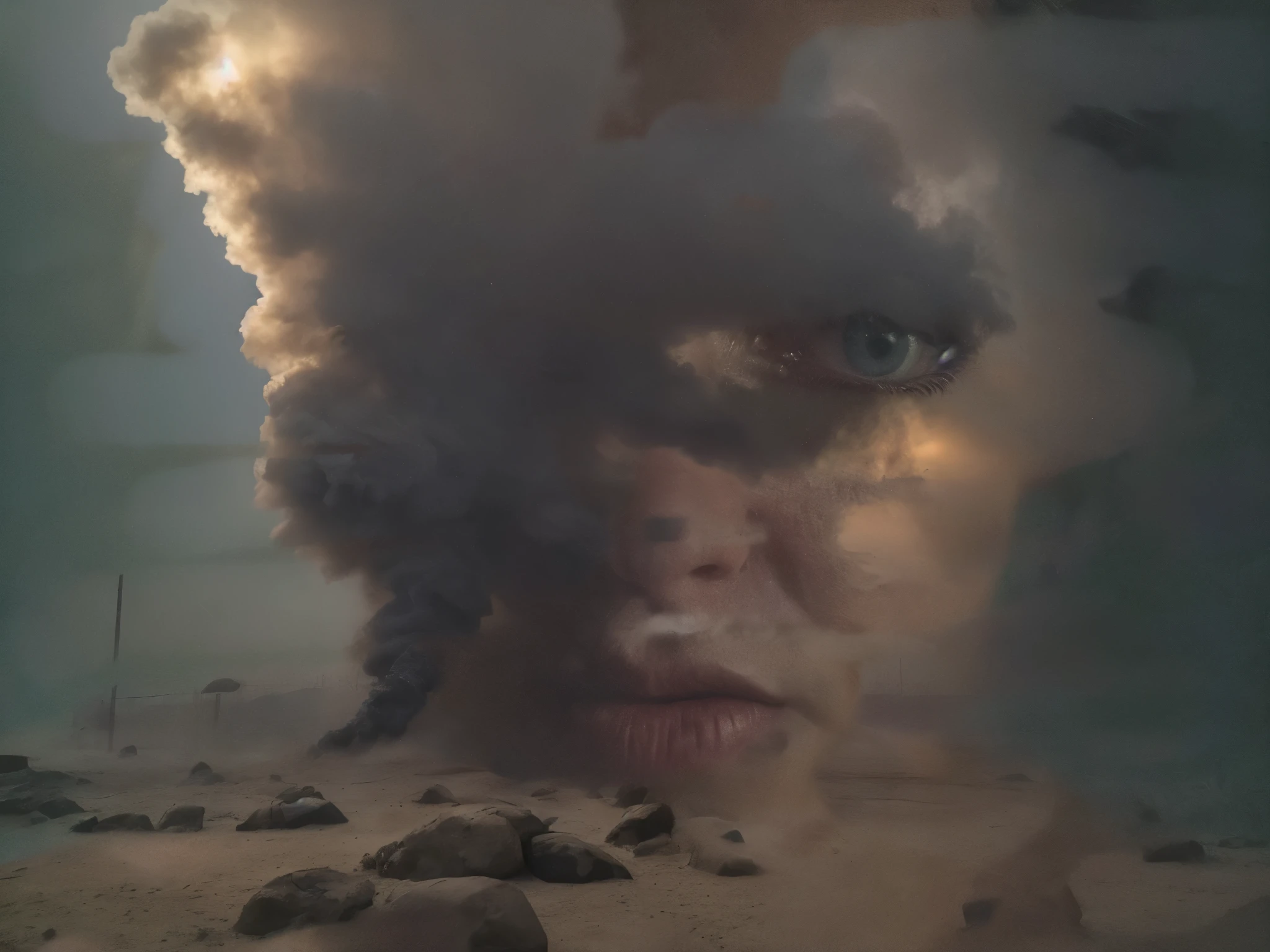 wind, smoke, water drops, dirty sand, rocks