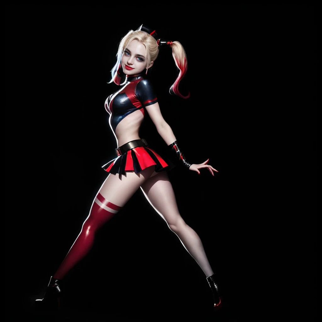 HarleyQuinn, light blue eyes, (best quality,ultra-detailed),(Realistic:1.37), beautiful and detailed face, Ultra-realistic texture, delicate face, athletic body, vivid colors. High definition, 8K. cute smile expression