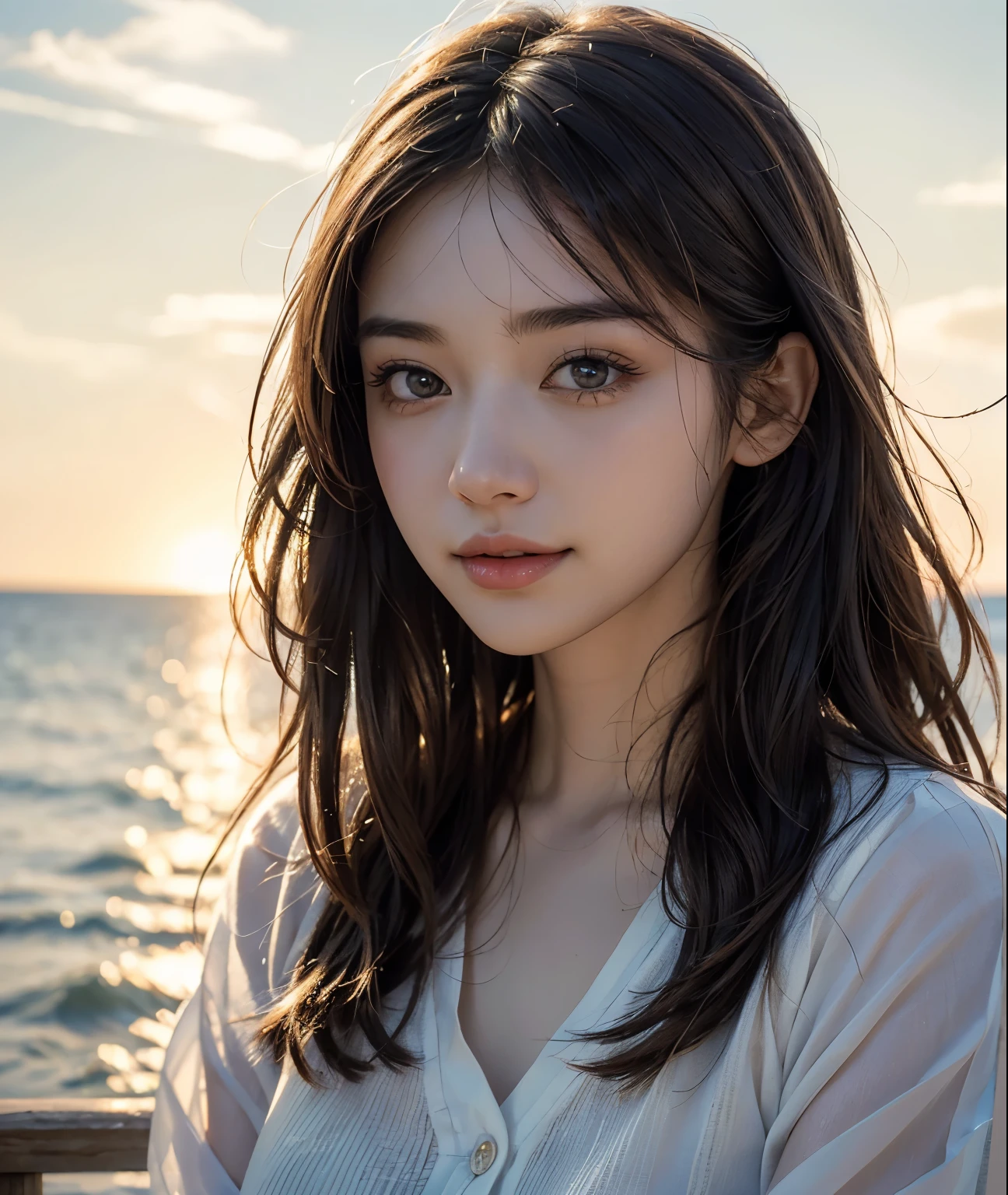 Japanese girl, delicate skin, detailed description, beautiful eyes, calm scenery, beautiful coast with a promenade, fluffy white clouds floating in the blue sky, the sound of waves crashing on the shore, the summer breeze carrying the scent of the season. , bright sunlight emitting warm light, smiling girl. Flowing Hair, (Best Quality, 4K, 8K, High Resolution, Masterpiece: 1.2), Super Detailed, (Realistic, Photorealistic, Photorealistic: 1.37), Detailed Facial Features, Beautiful Detailed Eyes, Beautiful Detailed Lips, highly detailed eyes and face, long eyelashes, calm, quiet, peaceful, idyllic, warm colors, golden hour lighting, cinematic, dreamy, nostalgia, landscape, natural lighting