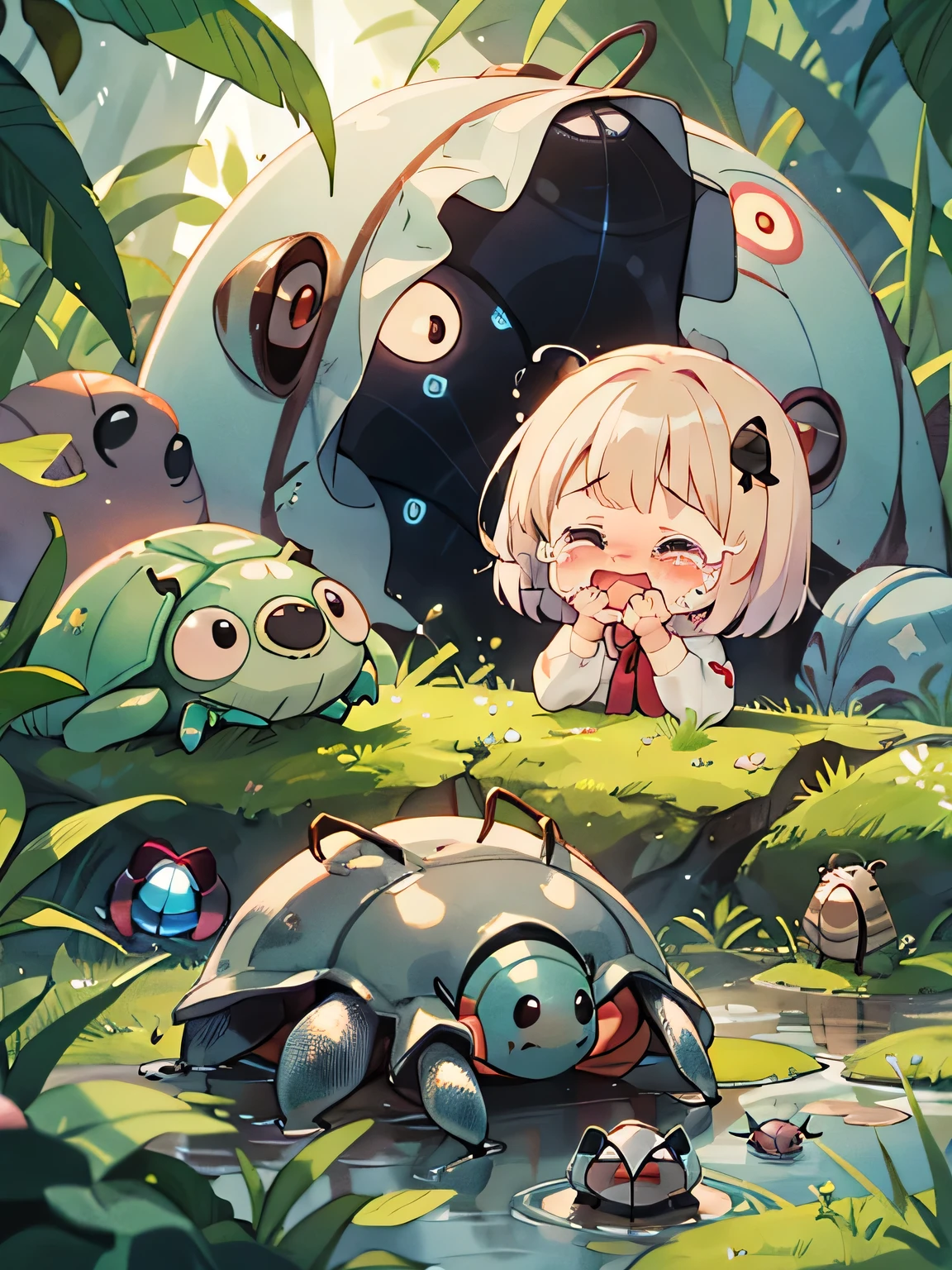 Monoko Sakura style, Kawaii Design, most beautiful girl ever、Chibi, Colorful bob hair、((Lots of friends))、(((Cute pillbug)))、Totoro Forest, (((Crying pillbug))), (((tears)))