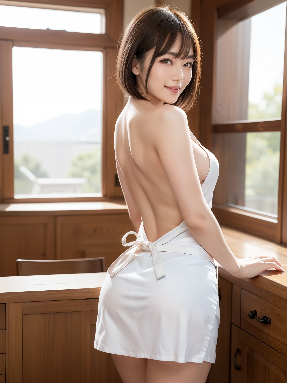 (Best quality: 1.5), (Real: 1.5), (1 person: 1.5), (masterpiece), full body, (Highly detailed), (High resolution), 8k, (slightly saggy and medium breasts), Natural colored lips, Japanese woman, 24 old girl, thin eyebrows, beautiful and elegant face, cute face, arched thin eyebrows, (big eyes with a good balance between the left and right sides), cute eyes, beautiful eyes, beautiful thin nose, beautiful face line, fair skin, beautiful and graceful features, natural bangs, beautiful and thin nose, beautiful skin , medium bob hair, natural bangs, perfect and beautiful facial features, slim face and figure, (bright lighting), professional lighting, (frontal lighting), beautiful cleavage, 1 girl, cute and sexy 24 old woman, slim Japanese woman, fair skin, (cute smile), Wearing a naked apron, (naked apron), (naked and wearing only an apron), Beautiful breasts, Large window room、, side tie panties, Poses to look back, Beautiful back, apron with a wide open back, Beautiful hip line, slim body, slim hips, small buttocks,