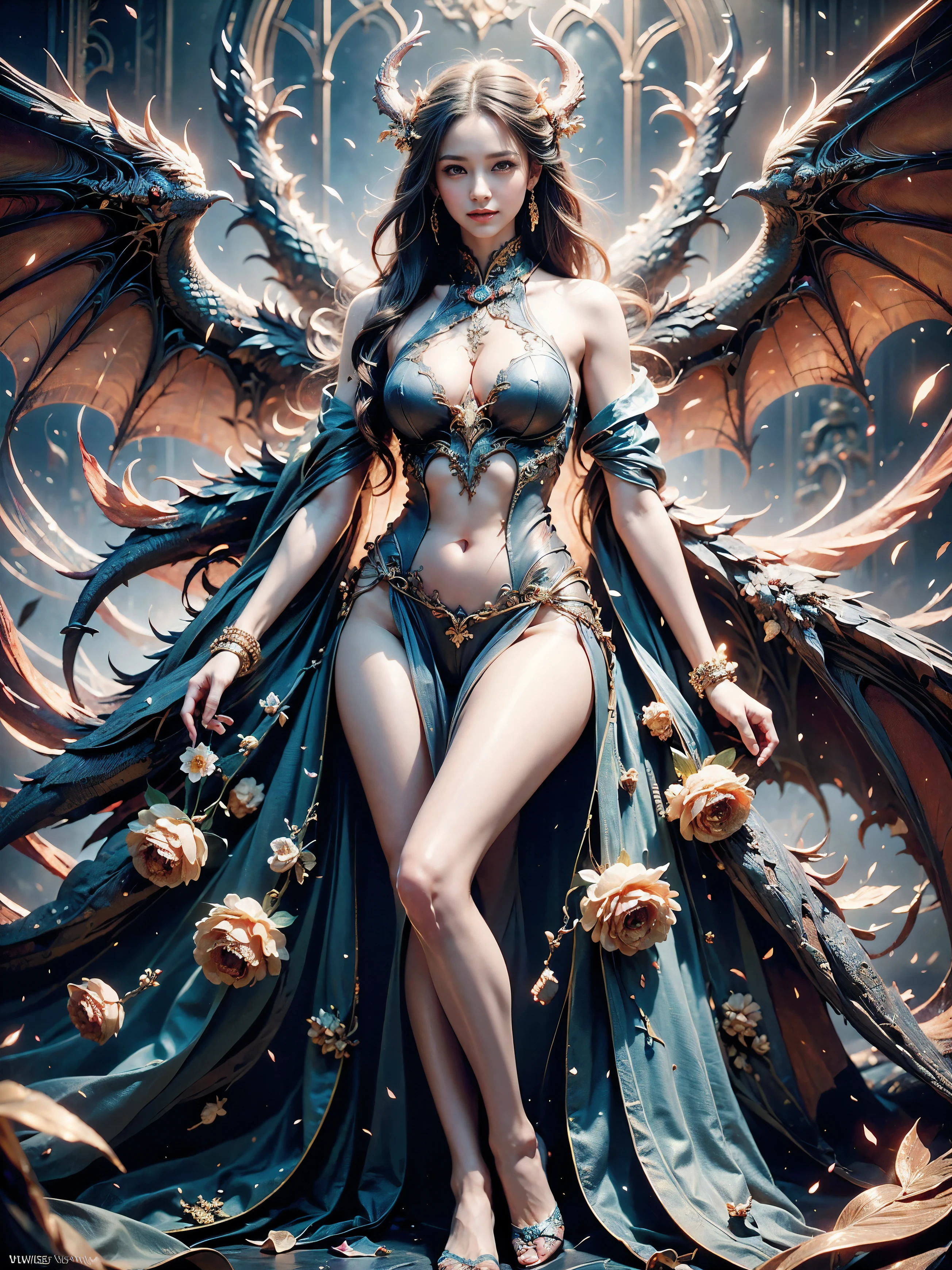 (Cinematic Photo:1.3) from (Realistic:1.3), (Smile:1.3) (Cinematic Photo:1.3) from (Realistic:1.3), (Magic Photo:1.3) from (Realistic:1.3), (Proud:1.3), A powerful and elegant woman perfectly integrated with the essence of the dragon, Imaginative and visually striking digital artwork, (This woman exudes confidence and grace with dragon-inspired elements such as scales, wings, or subtle fiery details), A mythical and mesmerizing atmosphere, A harmonious fusion of human and dragon characteristics, full body,
Vibrant colors, dynamic poses, exquisite details, 32k UHD resolution, DSLR, professional photography, high quality, best quality, realistic photo, cinematic angle, cinematic lighting, vibrant color, vivid color, sharp focus