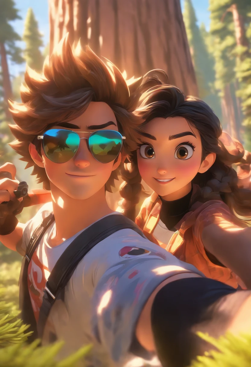 (1girl with long brown hair wearing sunglasses), (1boy with (black short hair), sunglasses and pants), couple taking selfie in the pine forest, mountains and blue sky background, disney pixar style, highly detailed, photorealistic, vibrant colors, perfect lighting, sharp focus, 8k, high quality