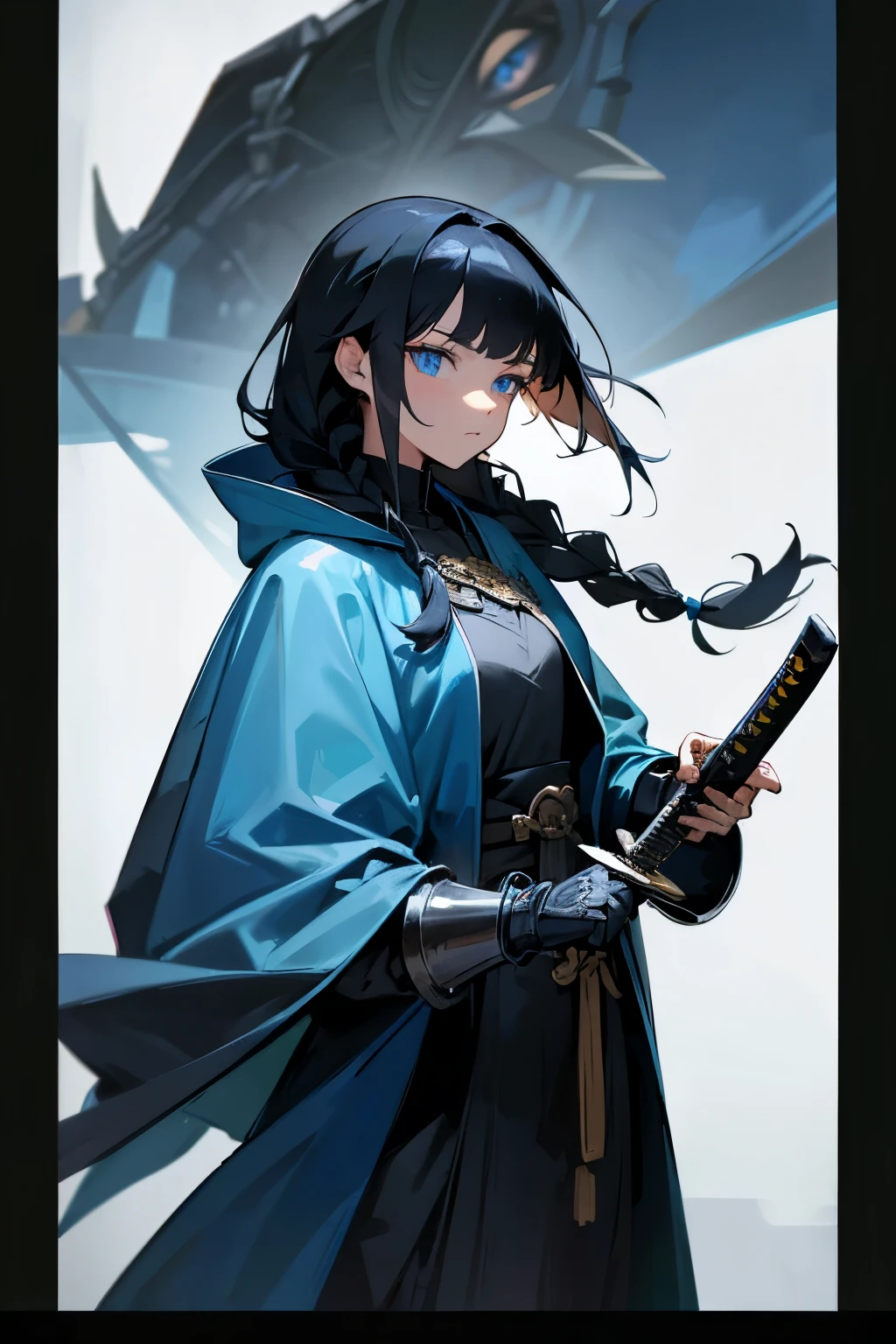 A young woman with black hair in a singular long braid, blue eyes and wearing armor with a blue cloak with a sheathed Katana held in her hand. She has a sharp, angular face and is looking to the side emotionlessly