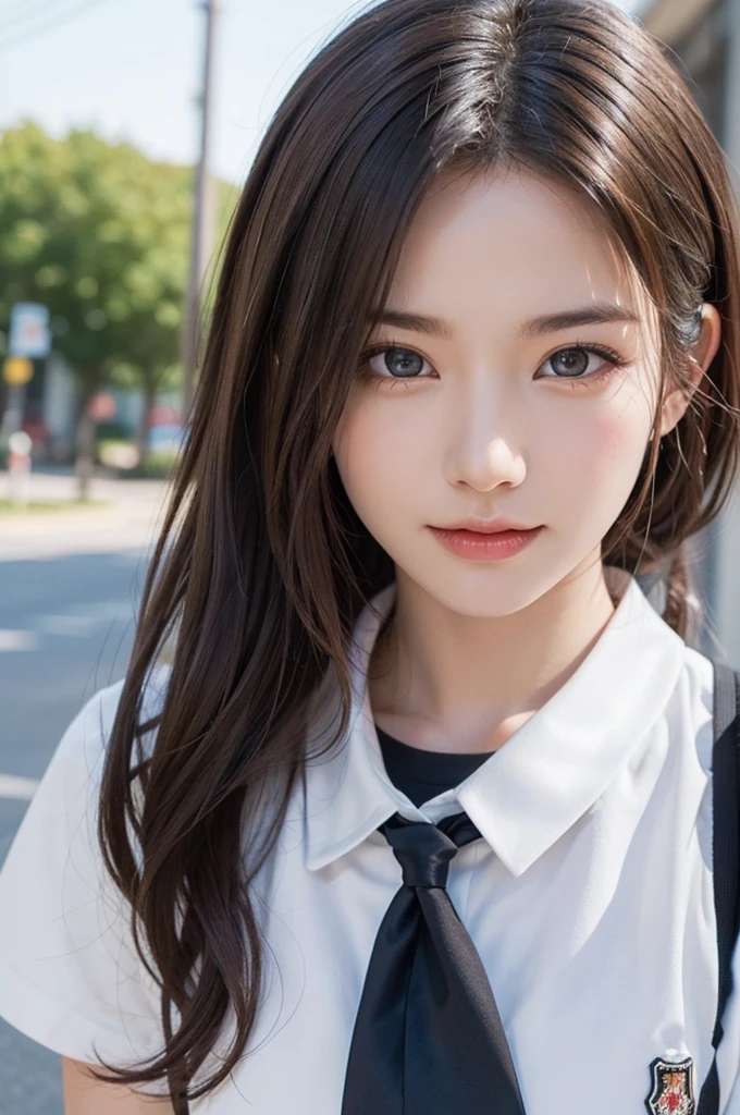 One Girl, (Portrait,Face close-up, Staring straight ahead,Delicate girl:1.3),(Beautiful girl, Delicate girl:1.3), (:1.3), break, (school uniform, Short sleeve, White shirt, neckerchief:1.2), break, Very beautiful eyes, (Symmetrical eyes,Big eyes:1.3), break, (Street Snap:1.3), break, Small breasts, Brown eyes, Parted bangs, Brown Hair, (Upper teeth, The best smile:0.6), break, (Eye and facial details:1.0), break, (masterpiece, highest quality, Super detailed, Detailed face, 8k),