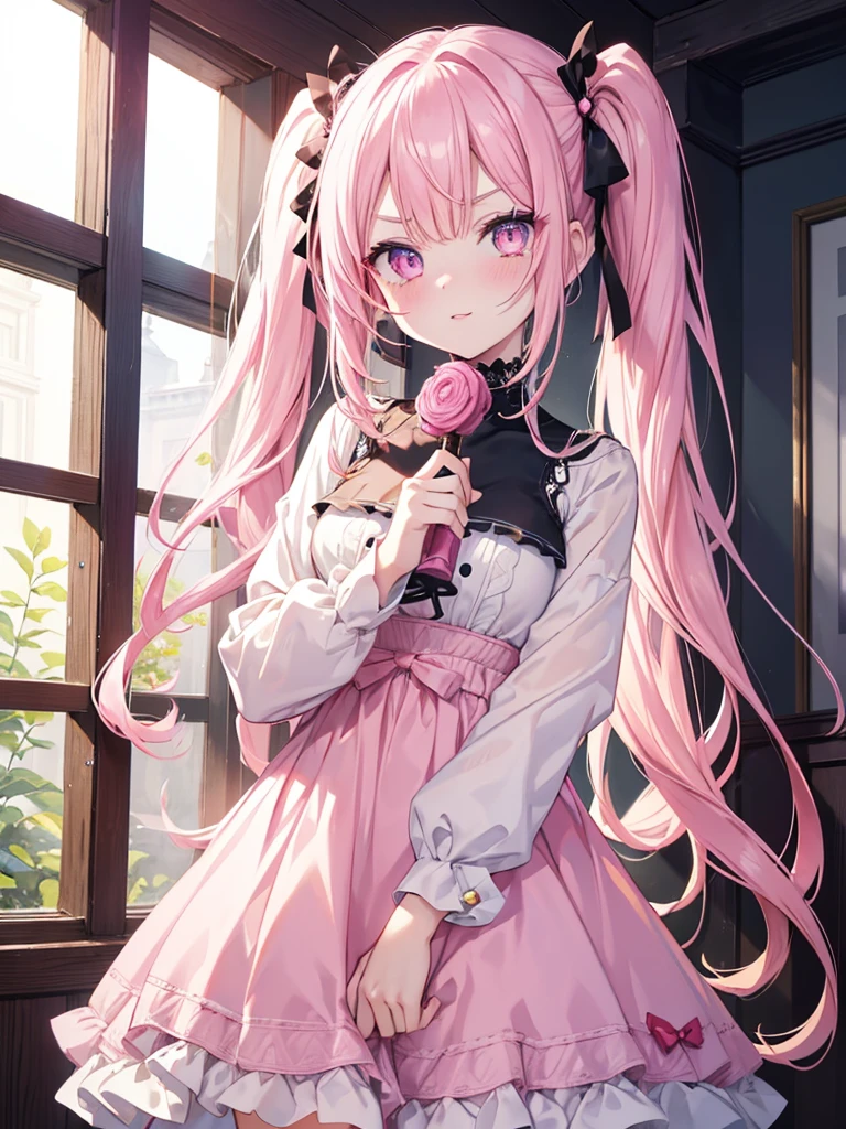 masutepiece, Highest Quality, (Perfect face:1.1), (high detailing:1.1), (ultradetailed eyes), Dramatic, superfine illustration, Extremely detailed,1girl in, (pale skin), Happy, Laugh, Enjoy, Cheerful,gloweyes,pinkhair, (long twintail),Ethereal eyes, pink eye,(light eyebrow),blush, Solo,Pouty lips,Cinematic lighting,Looking at Viewer,Cowboy Shot,Long sleeve,pink princess dress,indoor,in the morning, Sunny,Winter background