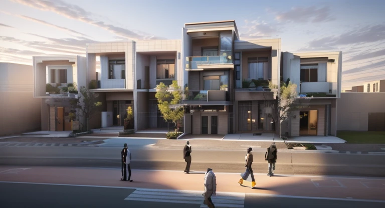 people walking on the sidewalk in front of a modern building, a digital rendering by Yehia Dessouki, cg society contest winner, conceptual art, residential, mantra rendering, close establishing shot, artistic render, street level view, architectural render, inter dimensional villa, wide angle exterior 2022, cg rendering, high quality rendering, realistic render, professional render
