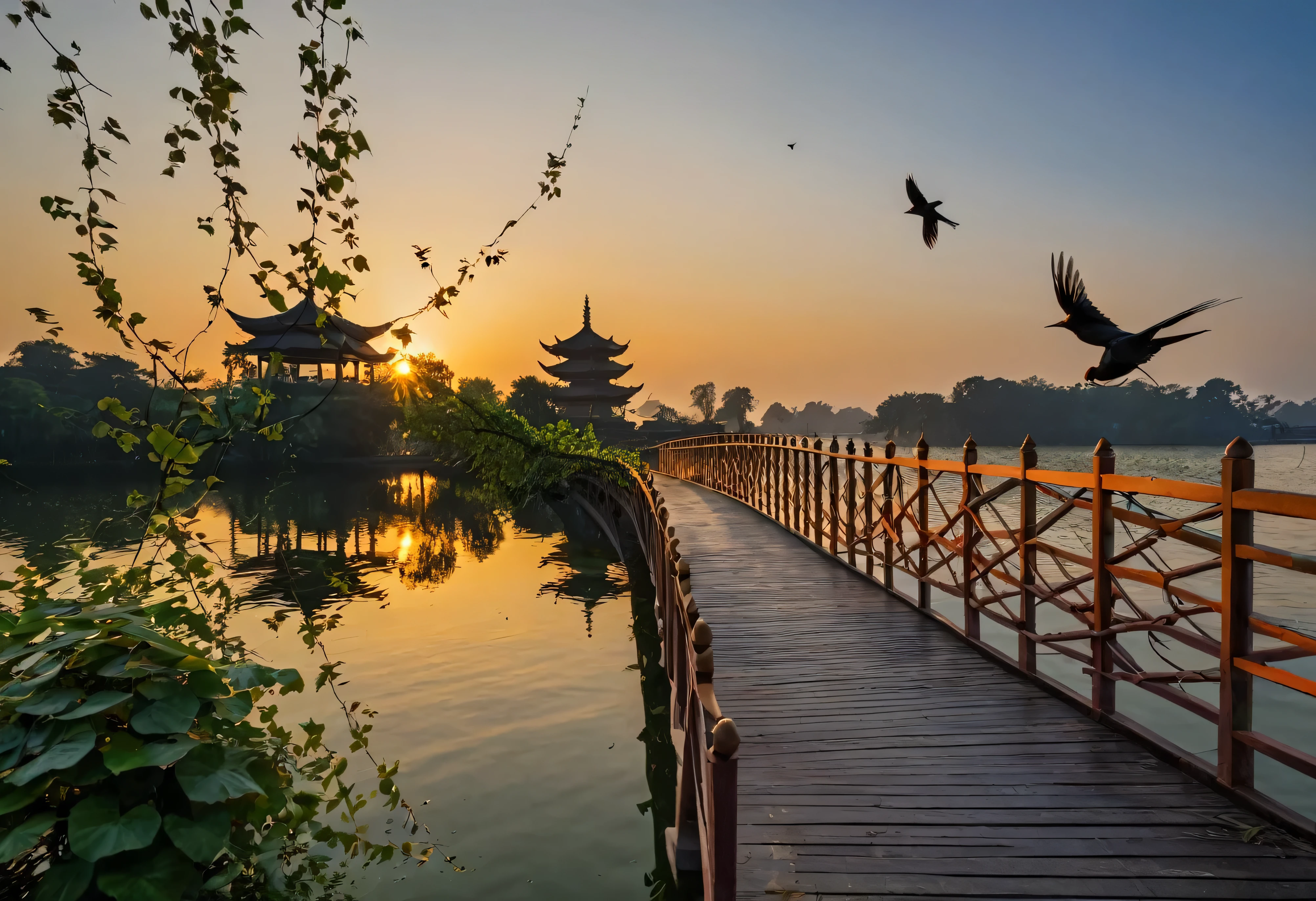 Bridge over the lake,A pagoda in the background, Prime hour in the morning, Silhouette of a vine bridge on the lake,Bird,Bird,birds