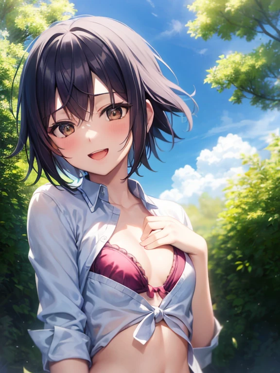 nsfw, nsfw, small breast, shinkai makoto, kimi no na wa., 1girl, bangs, black hair, blue sky, blush, bow, bow, brown eyes, cloud, collared shirt, headband, headband, looking at the audience, Negative Space, Outdoor, red bow, red bow, red headband, red ribbon, Ribbon, , shirt, short hair, sky, smile, solo, pink bra, upper body, open white shirt, , smile, happy, open mouth