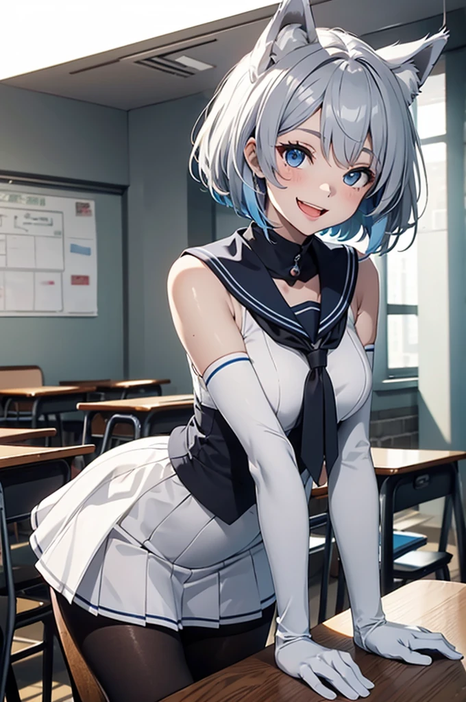 table top　High level image quality　best image quality　8K　 lady（I）　Portrait　white long gloves　white pantyhose　sailor suit（sleeveless）　mini skirt　wolf ears　short hair（（shortcut）（gray hair）（perm）（fluffy））　eye color is blue　Face seducing（（laughter）（smile）（open your mouth））　School　view from below