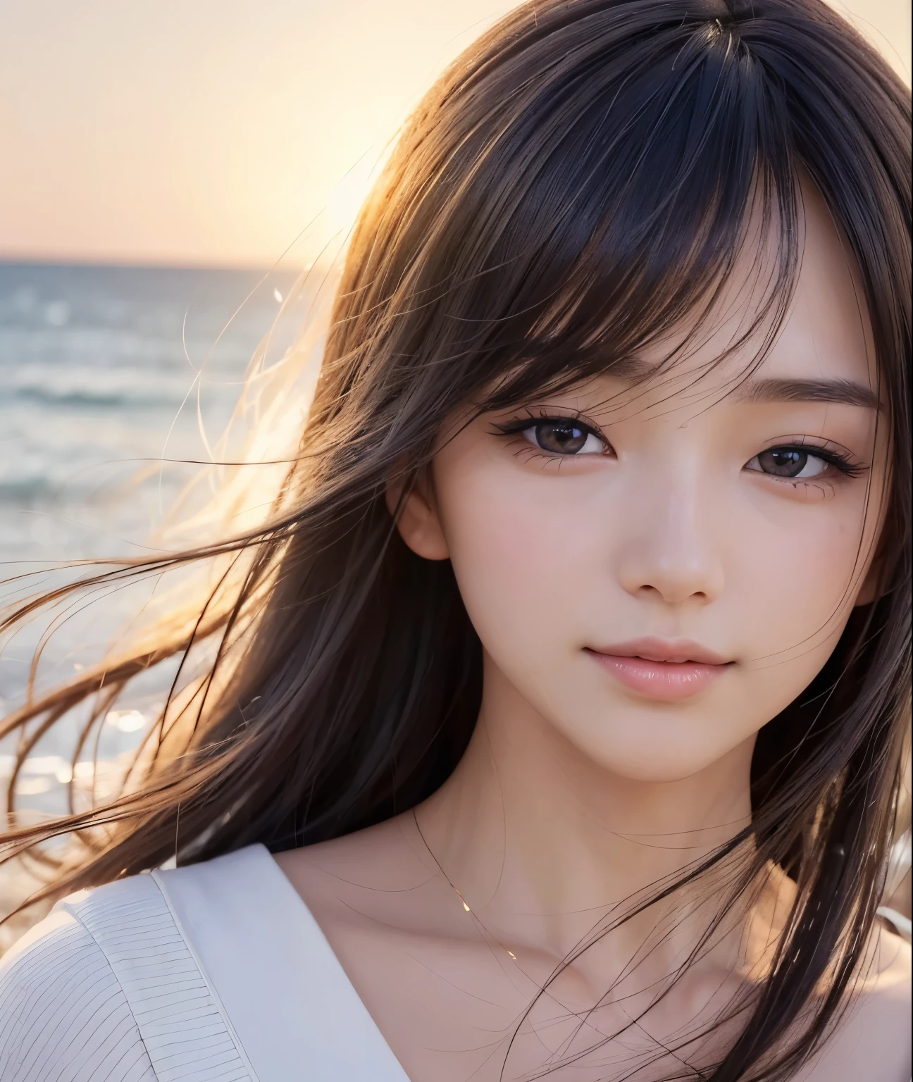 Japanese girl, delicate skin, detailed description, beautiful eyes, calm scenery, beautiful coast with a promenade, fluffy white clouds floating in the blue sky, the sound of waves crashing on the shore, the summer breeze carrying the scent of the season. , bright sunlight emitting warm light, smiling girl.  Flowing Hair, (Best Quality, 4K, 8K, High Resolution, Masterpiece: 1.2), Super Detailed, (Realistic, Photorealistic, Photorealistic: 1.37), Detailed Facial Features, Beautiful Detailed Eyes, Beautiful Detailed Lips, highly detailed eyes and face, long eyelashes, calm, quiet, peaceful, idyllic, warm colors, golden hour lighting, cinematic, dreamy, nostalgia, landscape, natural lighting