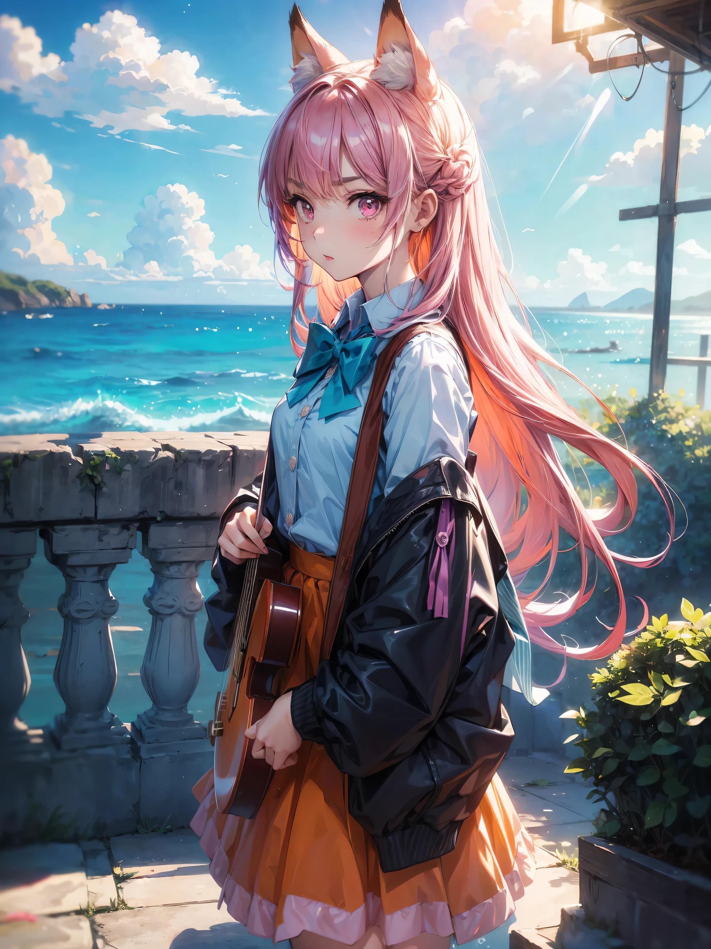 (1 Girl, size), (guitar Solitary), bubble skirt, aqua shirt, bow, bowtie, Buttons, collared shirt, Poker face, Eyebrows covered by hair, fox mask, Cowboy shooting, long hair, Long sleeve, mask, multicolored Buttons, pink eyes, Pink Hair, orange skirt, lattice, lattice shirt, purple bow, purple bowtie, shirt, skirt, Solitary, very long hair, Ocean, Ocean, Ocean Beach, cloudy, Sunlight, dusk, moon, cloud, Sky, outdoor, cloudy Sky, leaf, ruins, Sunlight, Post-apocalyptic, side view