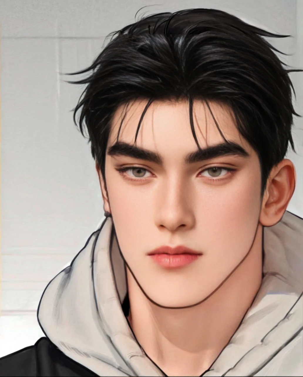 masterpiece, 1boy, young, handsome, black hair, undercut hair, perfect face, detailed eyes and face, black eyes, hoody, clean shaved, muscular, capturing a rural atmosphere, dynamic lighting