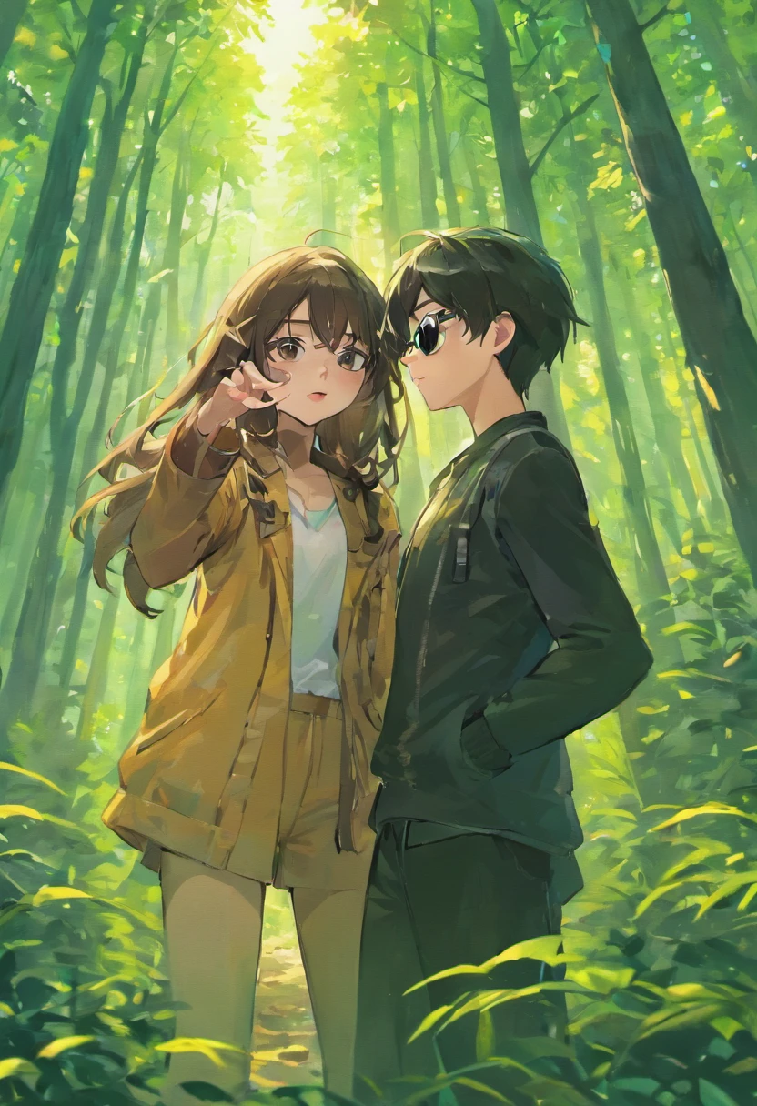 (1girl with long brown hair wearing sunglasses), (1boy with (black short hair), sunglasses and pants), couple taking selfie in the pine forest, mountains and blue sky background, disney pixar style, highly detailed, photorealistic, vibrant colors, perfect lighting, sharp focus, 8k, high quality