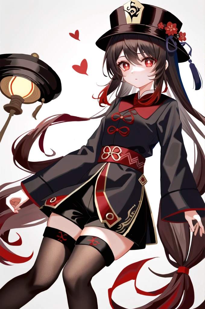 tmasterpiece,Need,1girl,hu tao(the original god),Hats,red - eyed,dual horsetail,A brown-haired,solo,symbol-shaped pupils,long whitr hair,By bangs,Black shorts,Hanfu,black lence stockings,Bigchest