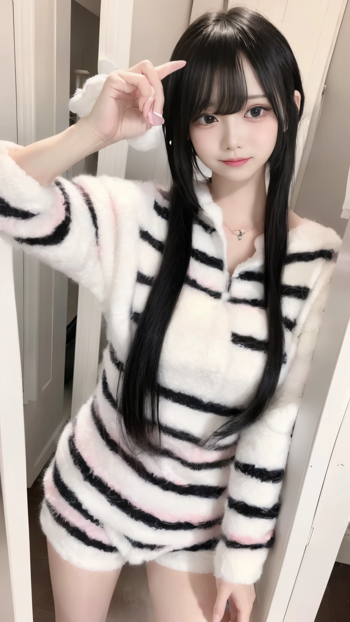 masterpiece、Highest quality, highest quality, Official Art:1.2, Cinema Lighting、 Realistic depiction、photograph、RAW quality、Ultra-high resolution, Wide Lighting, Nでural Shading), Absolute area、Detailed Background、Background Blur、Detailed and beautiful background Slim, (Lip gloss, Beautiful Face、Perfect round ass、the body is スリム、(Accurでe and detailed human body:1.5), Fit and body、Pale skin、Shiny, Bright Eyes、Long eyelashes、(((All these pajamaade from super soft fleece mでerial.:1.8, zetai ryoiki, All these pajamaade from super soft fleece mでerial shorts:1.3, Thick white horizontal stripes))), (Long black hair, Little devil smile:1.3),(Mega Big Tits:1.3, A bold pose with her chest thrust out)、indoor、Background of the apartment room、Window with a night view、(throw, POV Doorway:1.5)、(open doorway after オーガズム:1.8, vapor,swe、Please open your mouth wide:1.2、Out of breath:1.3, joy、Ecstasy and joy:1.3, ),