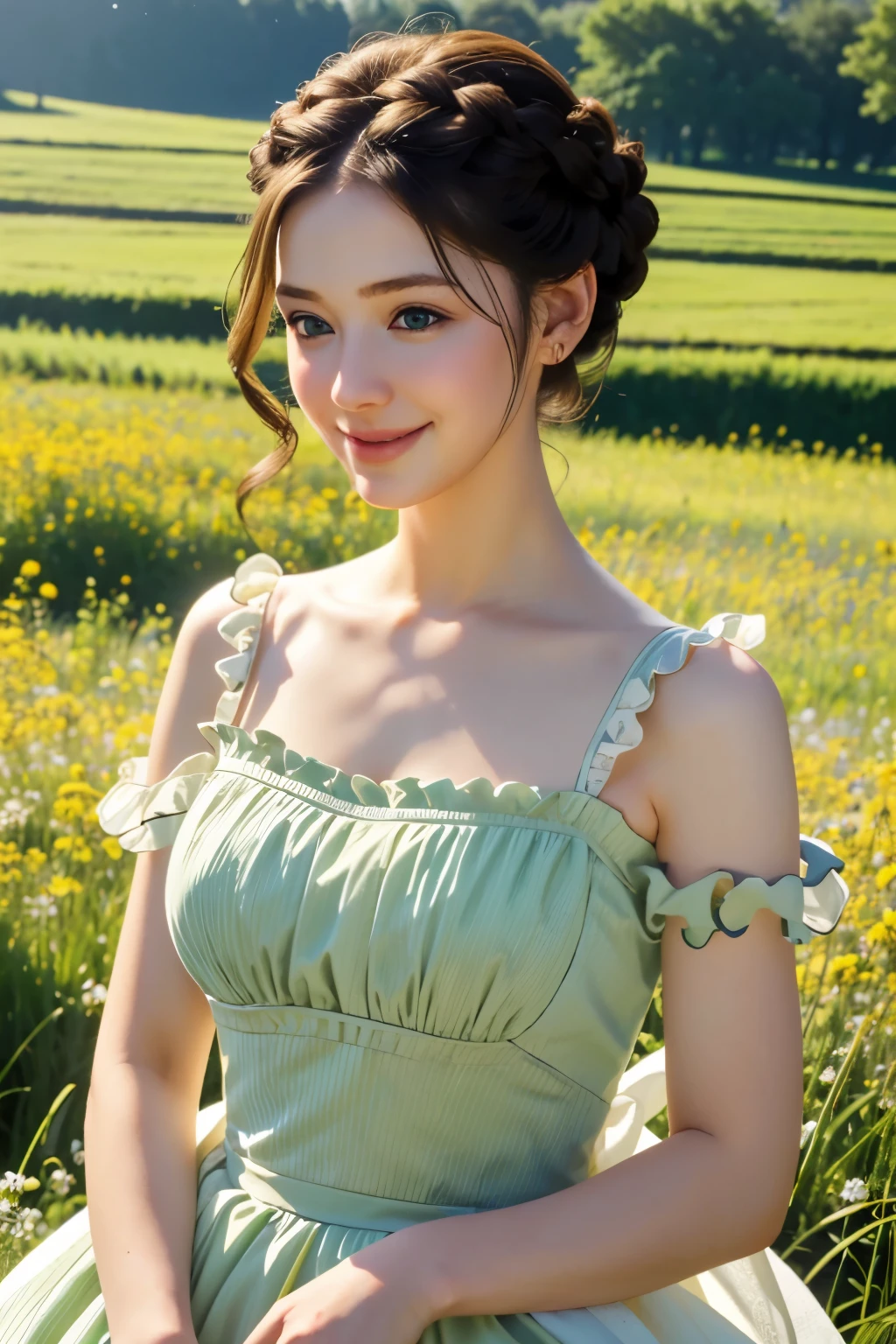 ((masterpiece, best quality))
 Asa Ebi, 1 woman, alone, brown hair, green eyes, hair updo, in a wildflower field, wearing a flowing dress, smiling