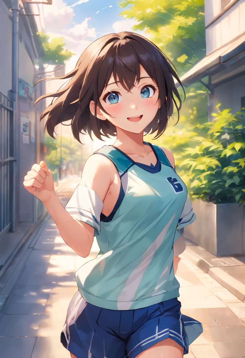 best quality,Highly detailed,Masterpiece,Very detailed,1 girl,like full body.,simple background,blue sky background,Exquisite eyes,Brown-black hair,blue eyes,Long legs, soft white.,short hair with details,lively and cheerful,female high school student,Water Spirit Eyes,White skin and beautiful appearance,watermelon seed face,little sister,Laughing expression,smiling face,modern style,Sport outfit,simple sportswear