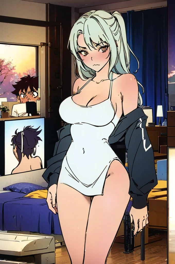 A sultry gangster girl in a revealing outfit, changing clothes in her apartment while watching anime on TV.A sultry gangster girl in a revealing outfit, changing clothes in a luxurious apartment while streaming live on Bigo