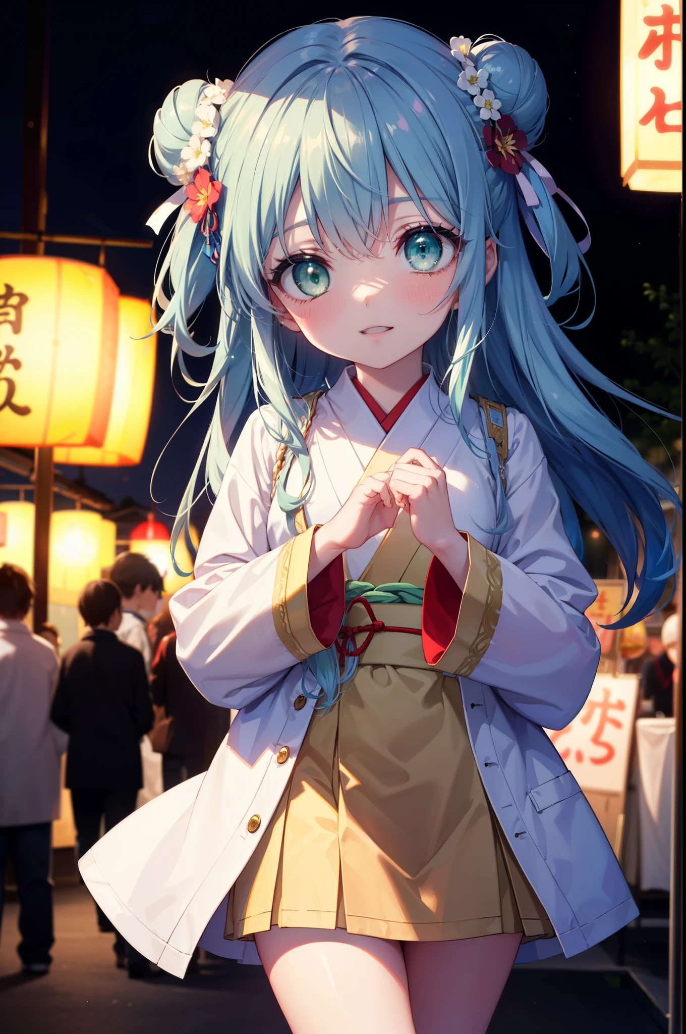 index, index, (Green Eyes:1.5), Blue Hair, Long Hair, (Flat Chest:1.2),smile,blush,Happy atmosphere,Open your mouth,Long Hair,Hair Bun, double  Hair Bun,White bathrobe,Long sleeve,mini skirt,Sandals,night空の花火,Fireworks display,Japanese Festivals,Summer festival food stalls,Red Lantern, night,whole bodyがイラストに入るように,Looking down from above,He is holding cotton candy in his right hand,
break outdoors, shrine,                                              break looking at viewer,whole body,(Cowboy Shot:1. 5)
break (masterpiece:1.2), highest quality, High resolution, unity 8k wallpaper, (shape:0.8), (Beautiful and beautiful eyes:1.6), Highly detailed face, Perfect lighting, Extremely detailed CG, (Perfect hands, Perfect Anatomy),