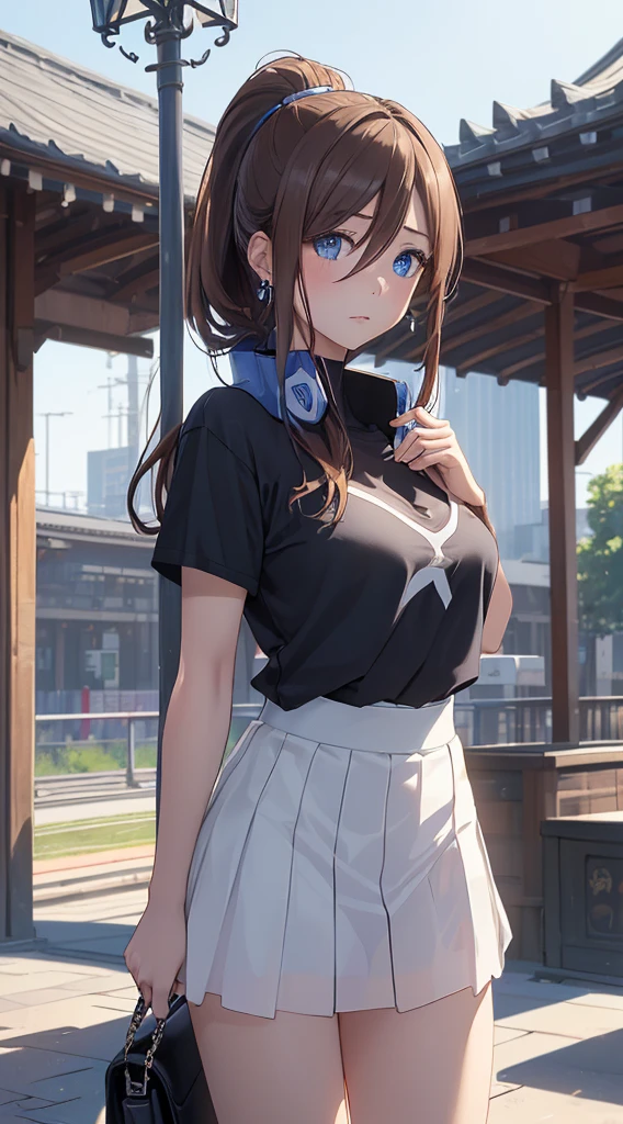 best quality、Best image quality、masterpiece、girl with((18 years old、Best Chest、Medium chest、Bust 85,Beautiful blue eyes、Wide exposed breasts,Black Short Sleeve T-shirt、White see through、Black short skirt、Ponytail with brown hair、appointment、Fashionable bag、Beautiful blue earrings)）high quality、Beautiful art、Background with ((In front of the station、Clear sky)), masutepiece、Elaborate design、visual arts、depth of field、The best lighting、highest detail、