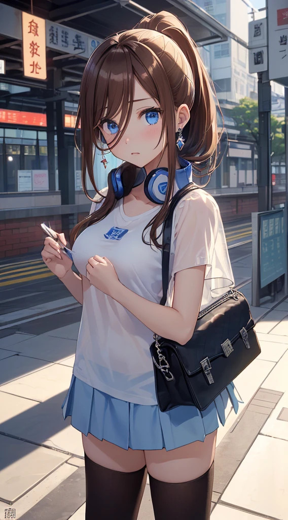 best quality、Best image quality、masterpiece、girl with((18 years old、Best Chest、Medium chest、Bust 85,Beautiful blue eyes、Wide exposed breasts,Black Short Sleeve T-shirt、White see through、Black short skirt、Ponytail with brown hair、appointment、Fashionable bag、Beautiful blue earrings))high quality、Beautiful art、Background with ((In front of the station、Clear sky)), masutepiece、Elaborate design、visual arts、depth of field、The best lighting、highest detail、
