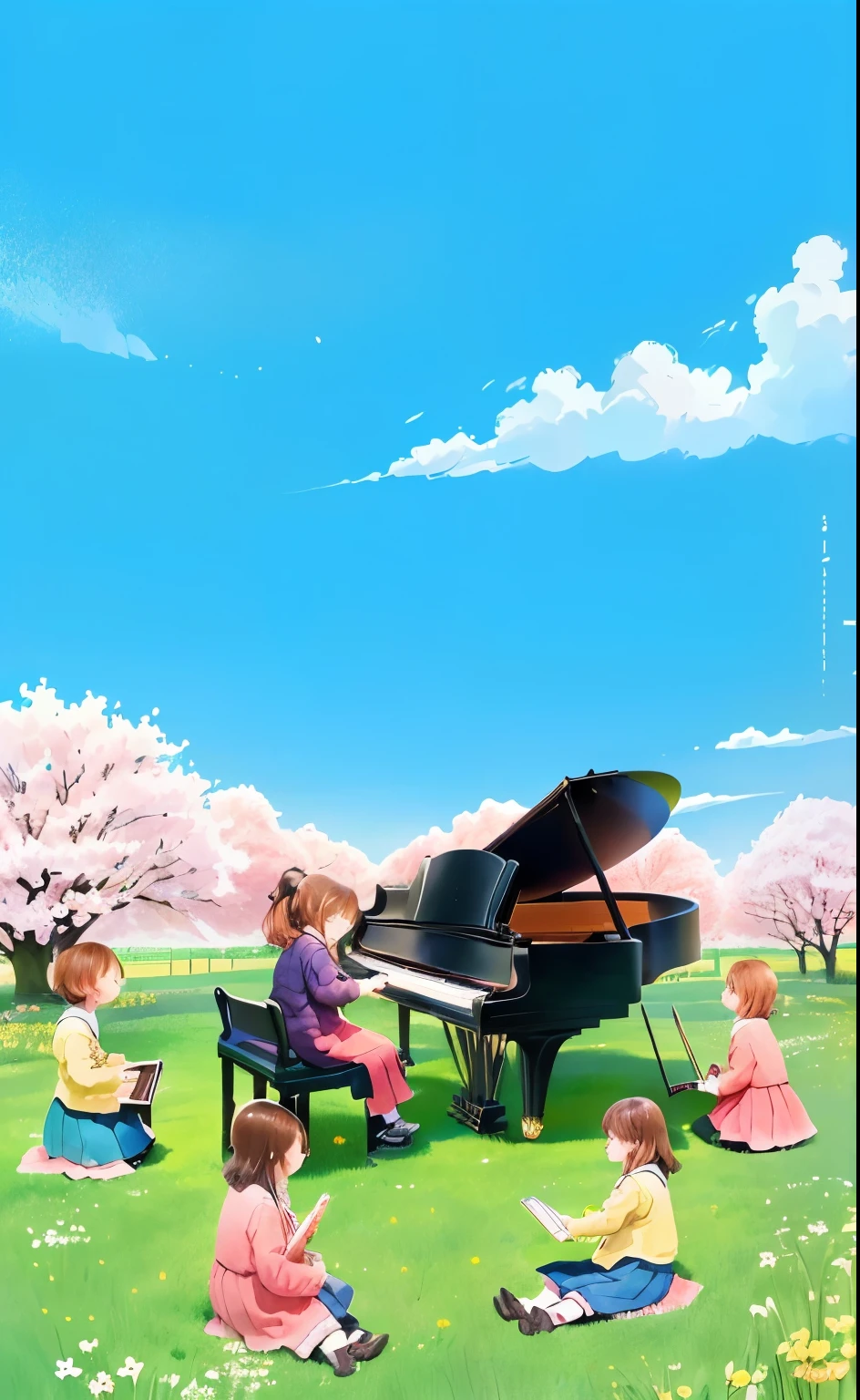 there are many children playing music in a field with a piano, spring day, official artwork, childrenbook illustration, under sakura tree, digital illustration, playing piano, children illustration, perfect spring day with, background artwork, children’s book illustration, children's book illustration, spring time, childrens illustration, children's illustration, digital illustation