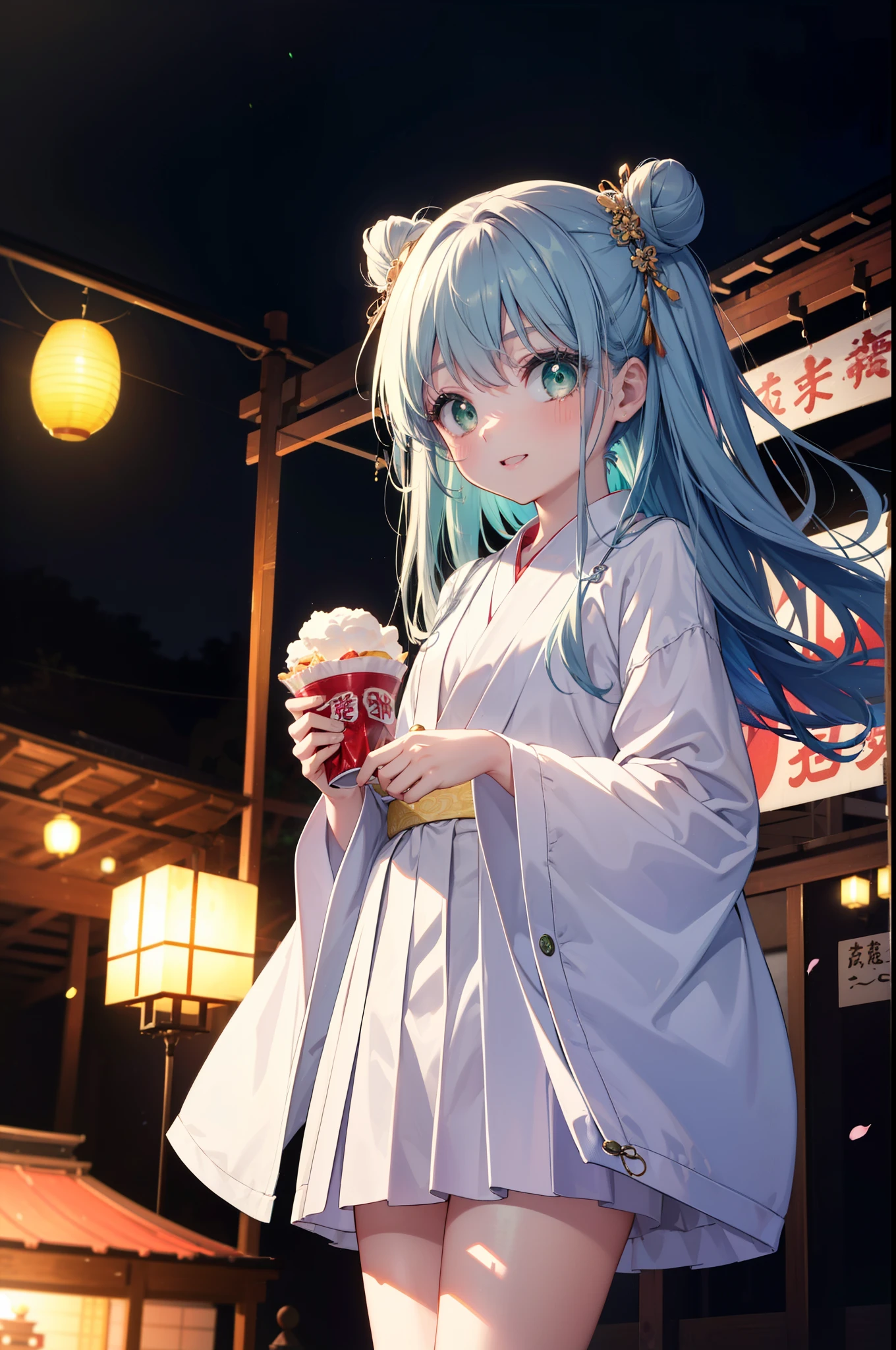 index, index, (Green Eyes:1.5), Blue Hair, Long Hair, (Flat Chest:1.2),smile,blush,Happy atmosphere,Open your mouth,Long Hair,Hair Bun, double  Hair Bun,White bathrobe,Long sleeve,mini skirt,Sandals,night空の花火,Fireworks display,Japanese Festivals,Summer festival food stalls,Red Lantern, night,whole bodyがイラストに入るように,Looking down from above,He is holding cotton candy in his right hand,
break outdoors, shrine,                                              break looking at viewer,whole body,(Cowboy Shot:1. 5)
break (masterpiece:1.2), highest quality, High resolution, unity 8k wallpaper, (shape:0.8), (Beautiful and beautiful eyes:1.6), Highly detailed face, Perfect lighting, Extremely detailed CG, (Perfect hands, Perfect Anatomy),