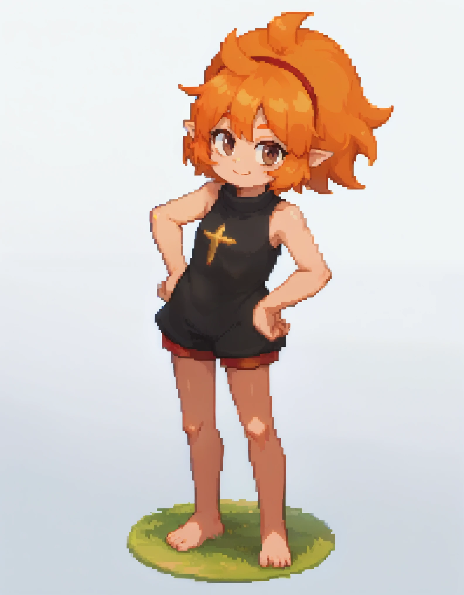 score_9, score_8_up, score_7_up,((best quality)), absurdres,((full body)), ElelyPXL, elely, barefoot, orange hair, brown eyes,pointy ears,red hairband,sleeveless,baggy clothing,black clothes,white background,slim,standing,hand in hip,smile,, upper body pixel,pixel art, 8 bits,